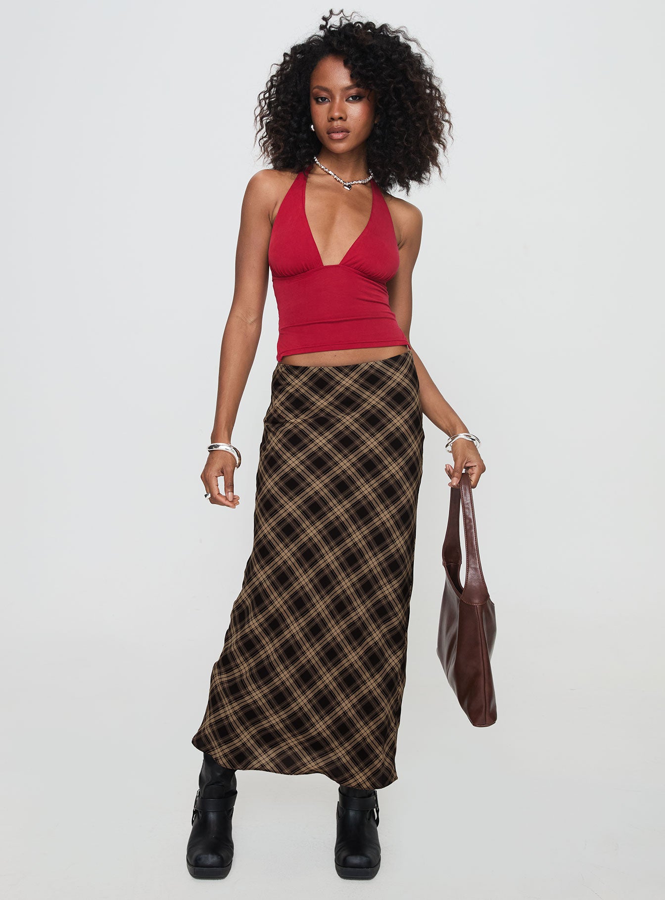 Hayze Maxi Skirt Brown Check Cheap Visit