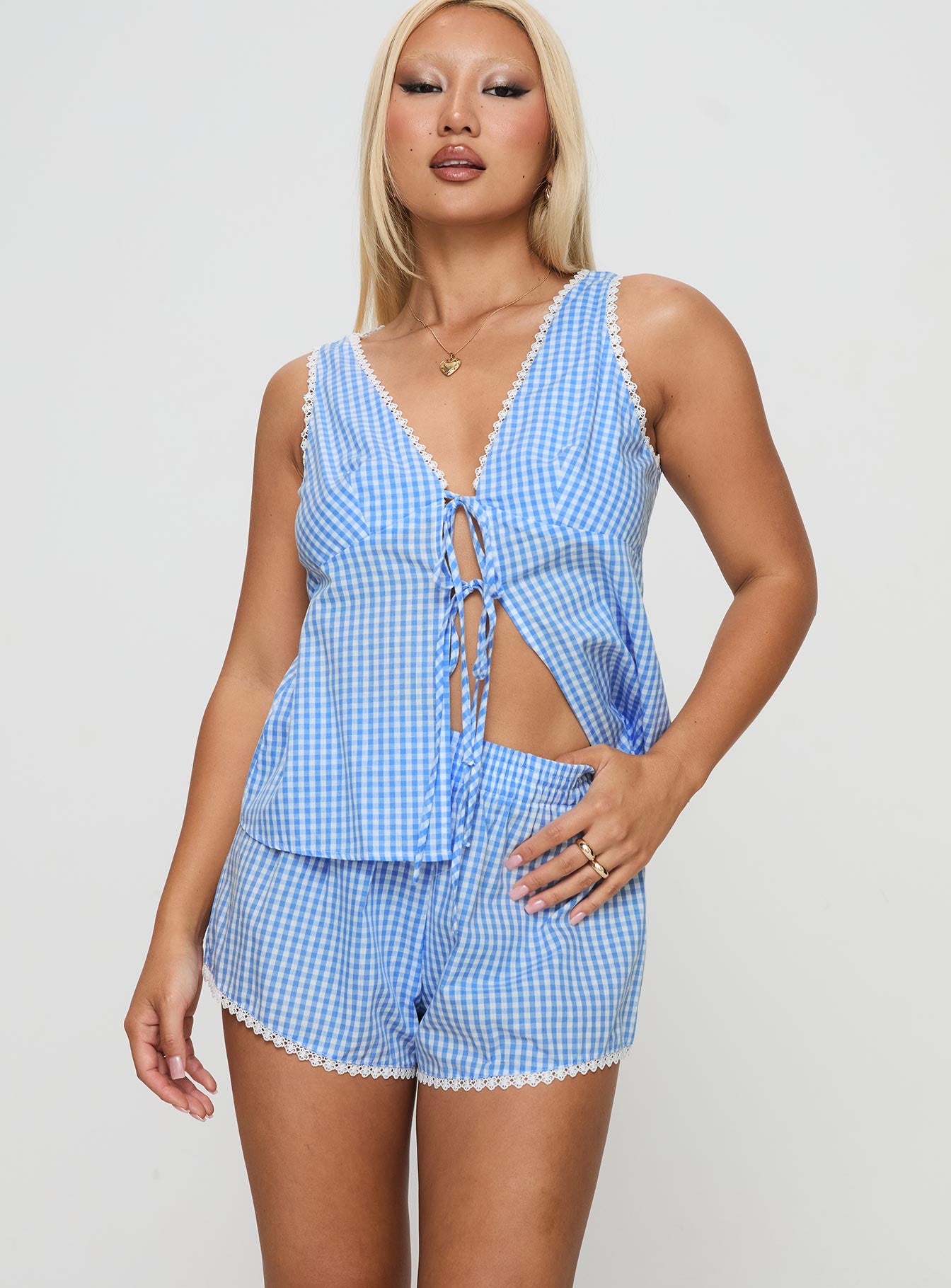 Jaycob Tie Front Set Blue Gingham Sale New