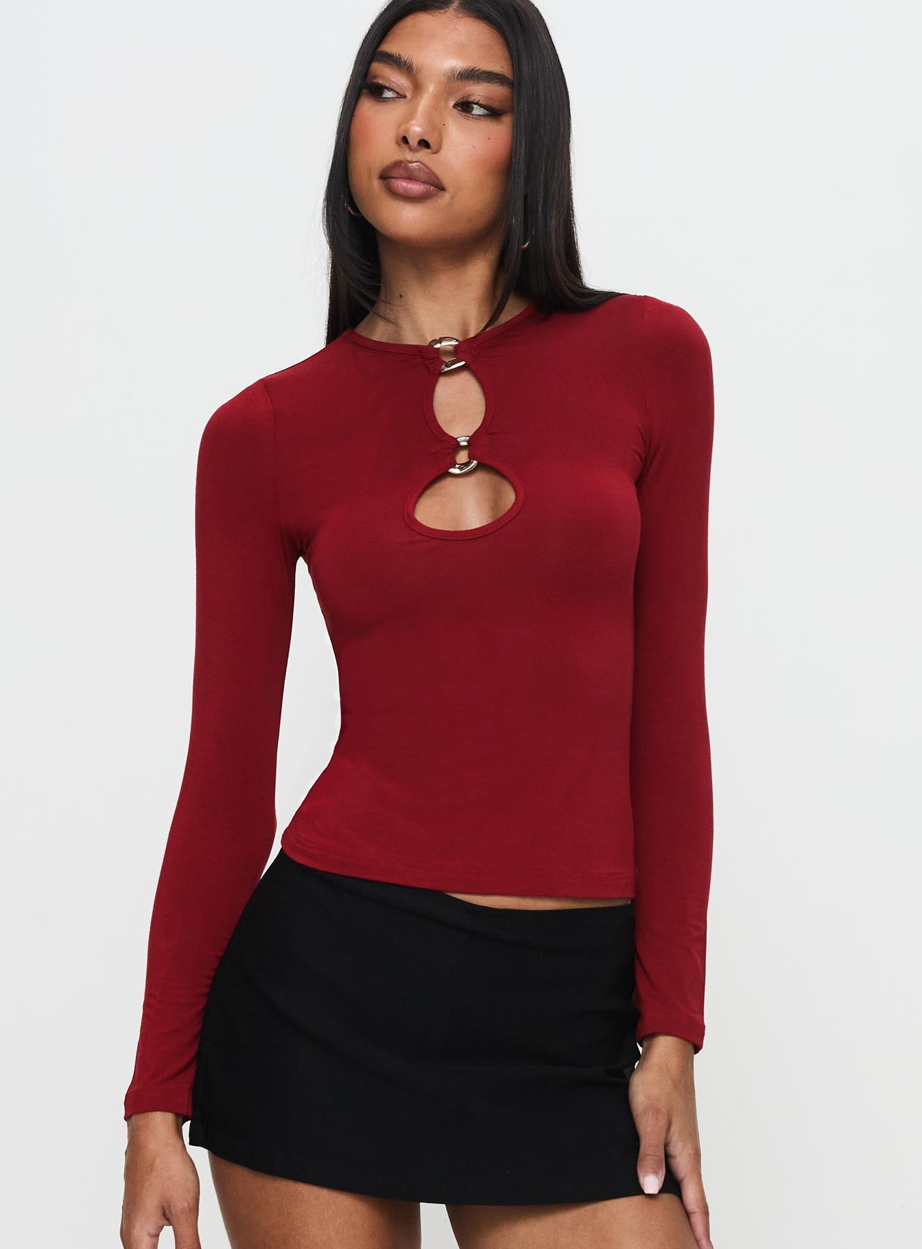 Orlaith Cut Out Long Sleeve Top Burgundy High Quality For Sale