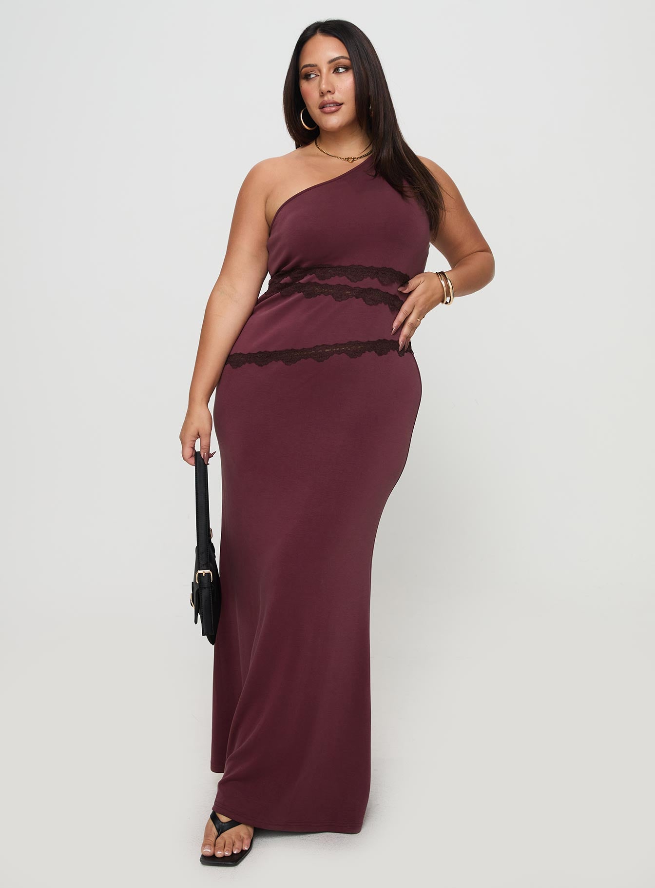 Ultraviolet One Shoulder Lace Maxi Dress Wine Curve Pre Order Online