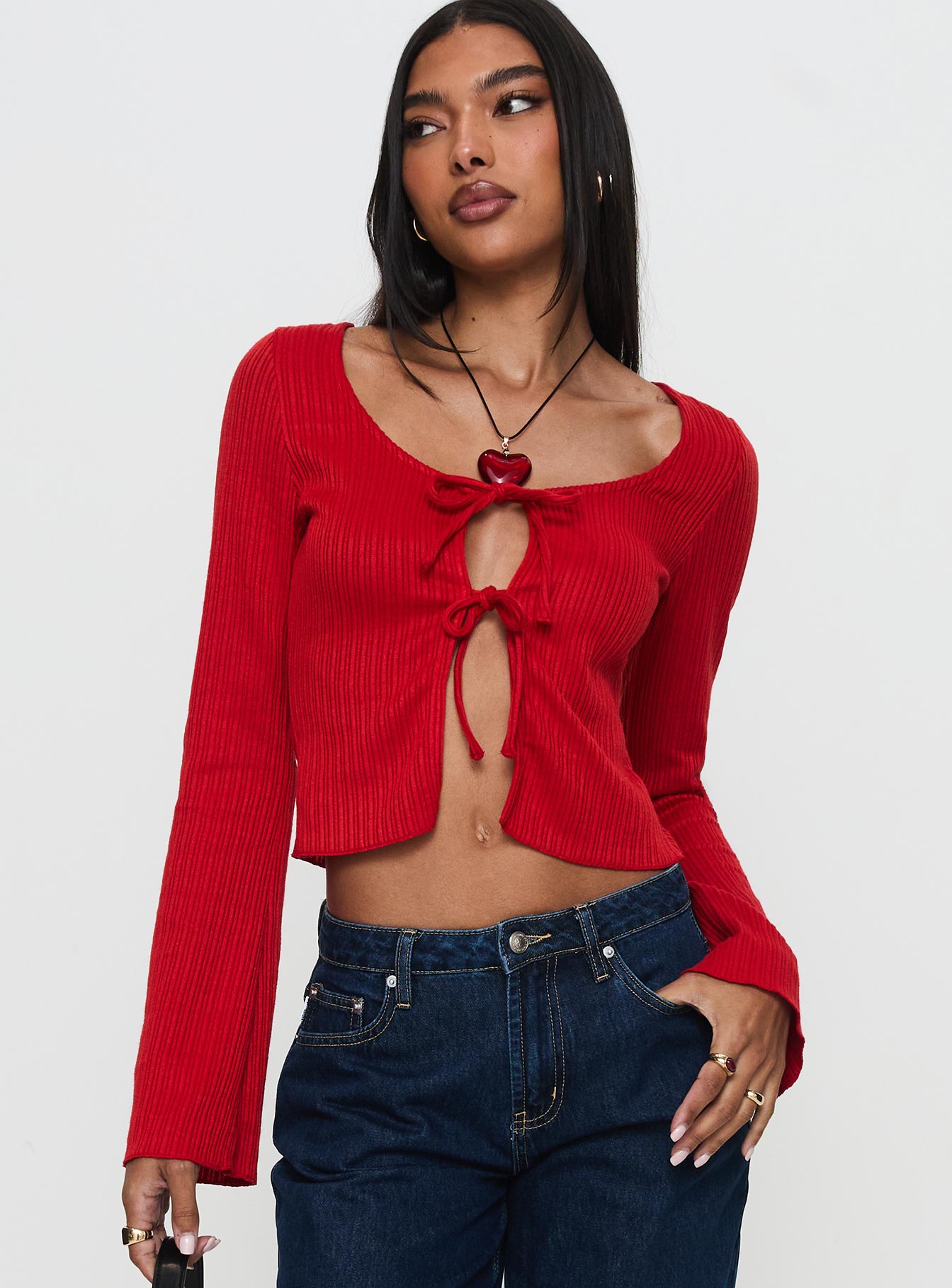 Rowynne Long Sleeve Tie Up Top Red Choice Cheap Pice