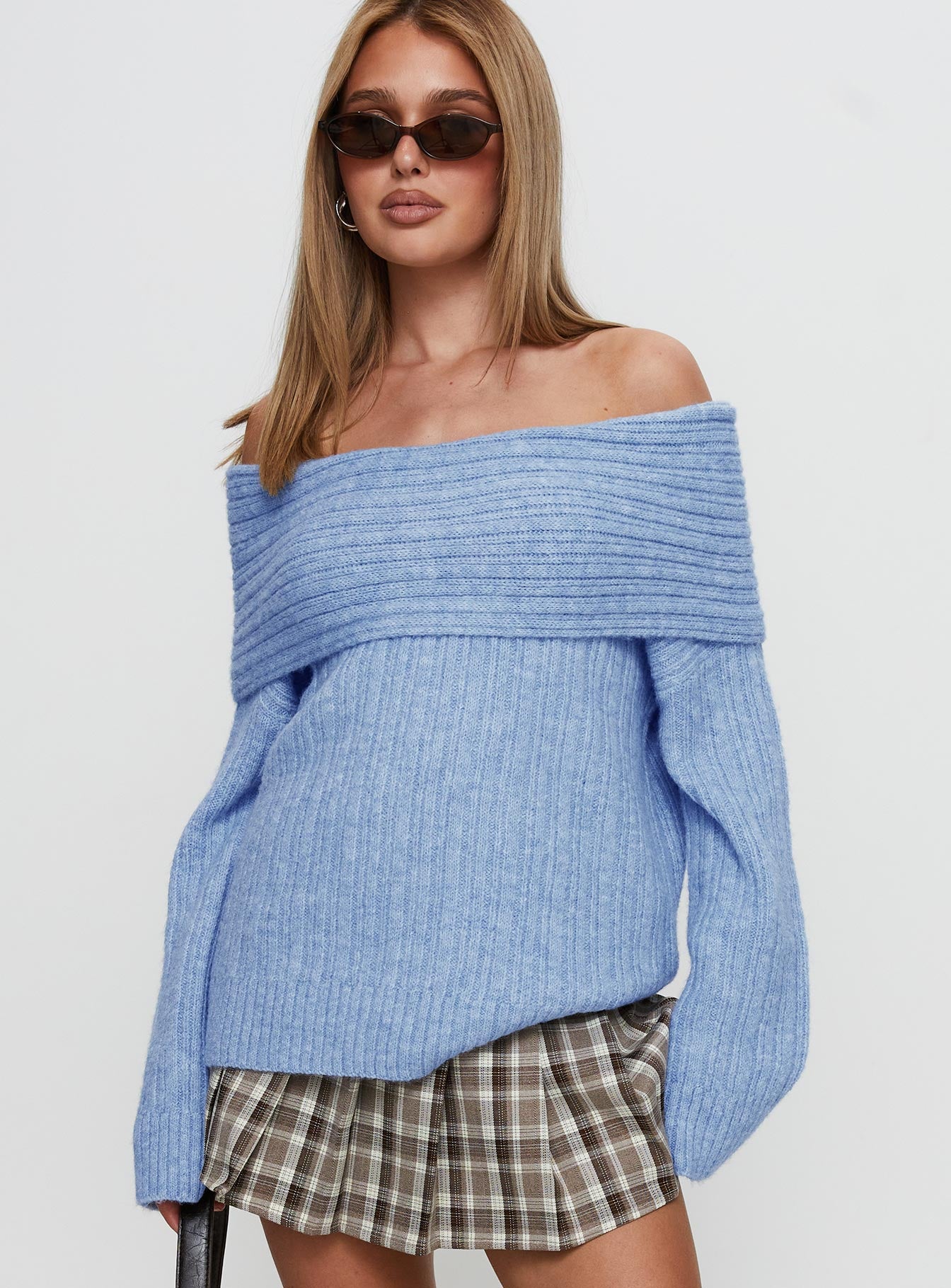 Snowie Off Shoulder Knit Sweater Blue Genuine For Sale