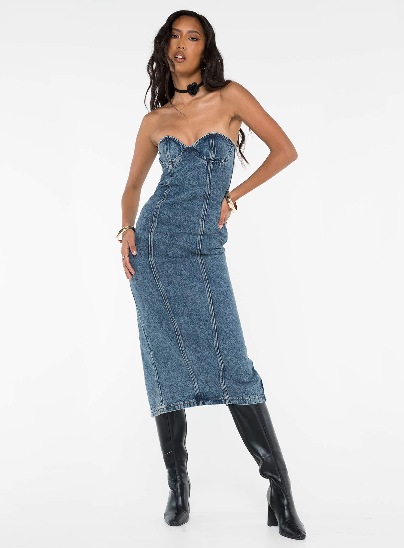 Smokeshow Strapless Midi Dress Blue Denim Outlet Locations Sale Online