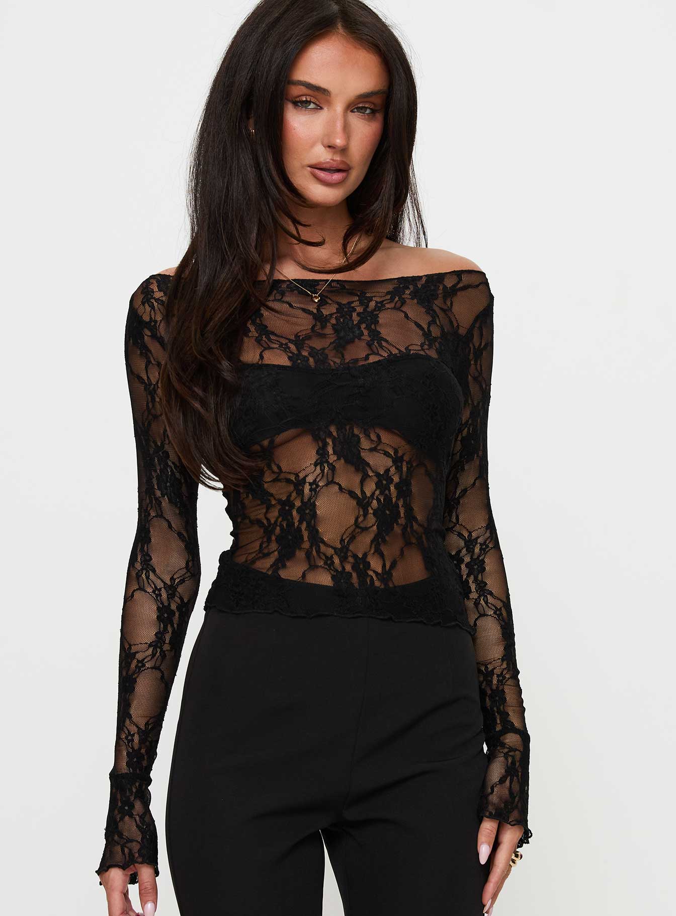 Junah Sheer Lace Long Sleeve Top Black View Cheap Online