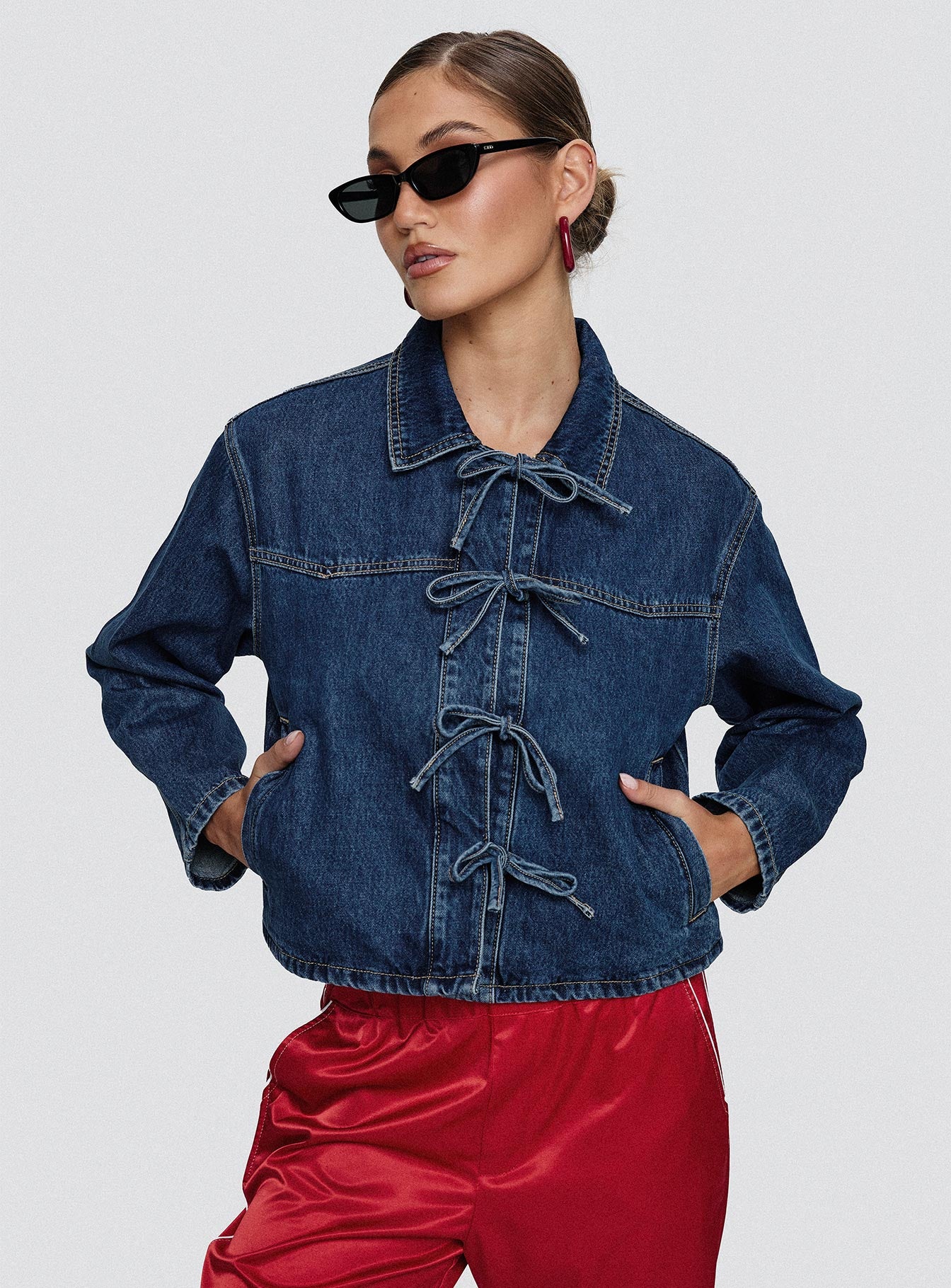 Good On You Bow Detail Jacket Blue Denim Outlet Pay With Paypal