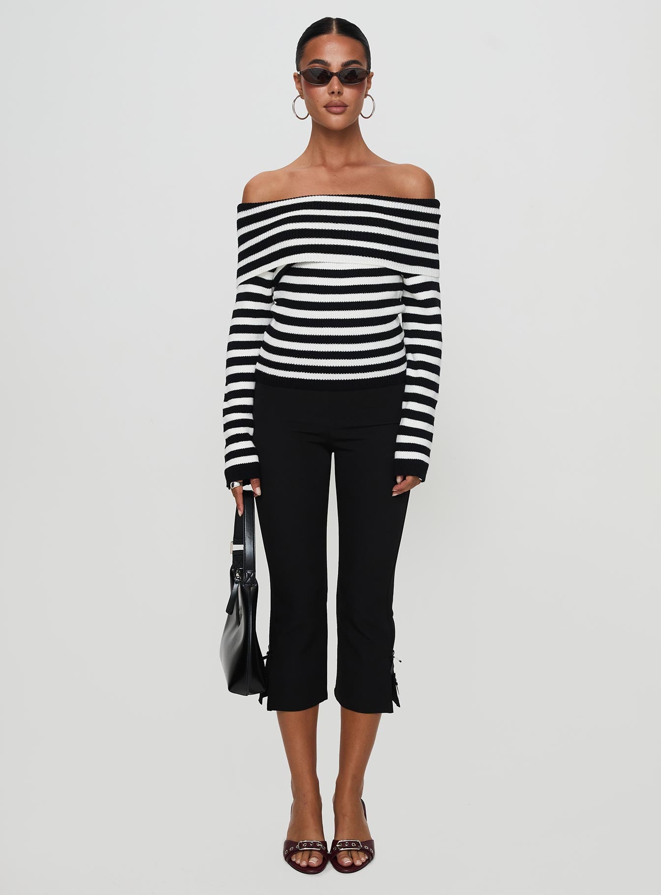 Danyel Off The Shoulder Sweater Black / White Stripe Sale Big Discount