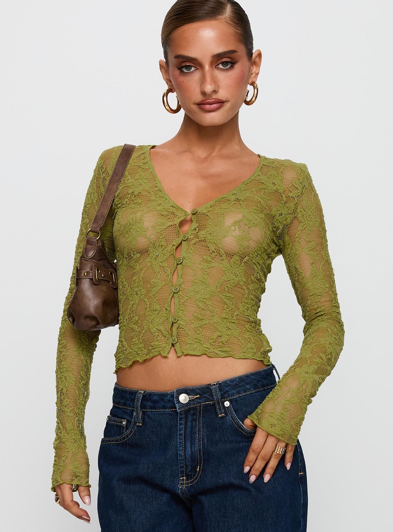 Prized Possessions Sheer Button Up Top Green Cheap Sale 2025 Newest