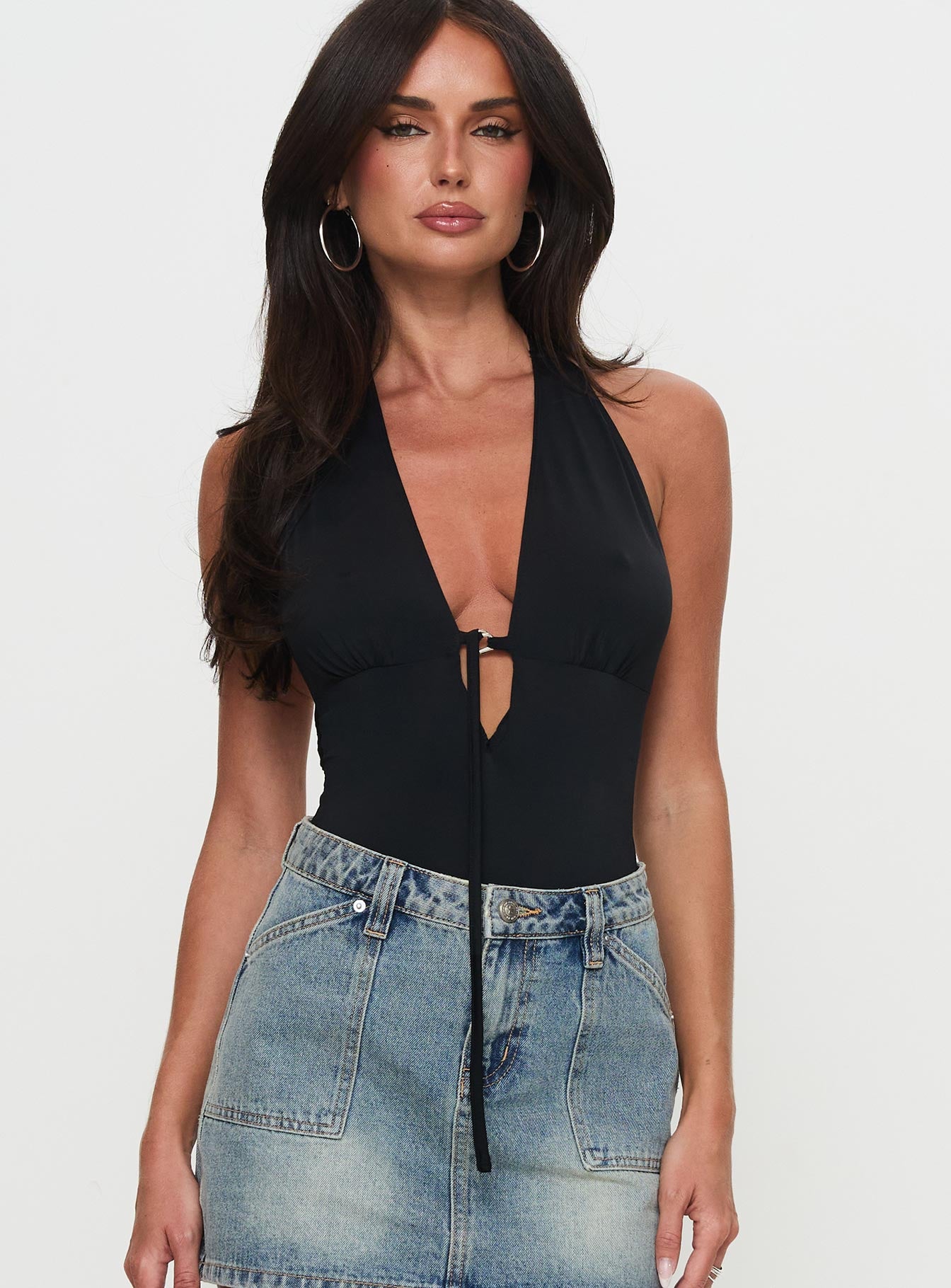 Two Summers Plunge Neck Bodysuit Black Sast For Sale