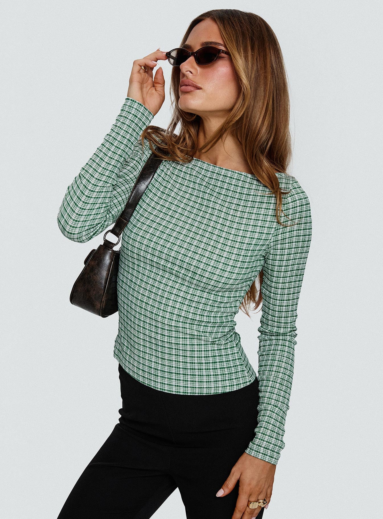 Every Second Boat Neck Long Sleeve Top Green Check 2025 Unisex Cheap Pice