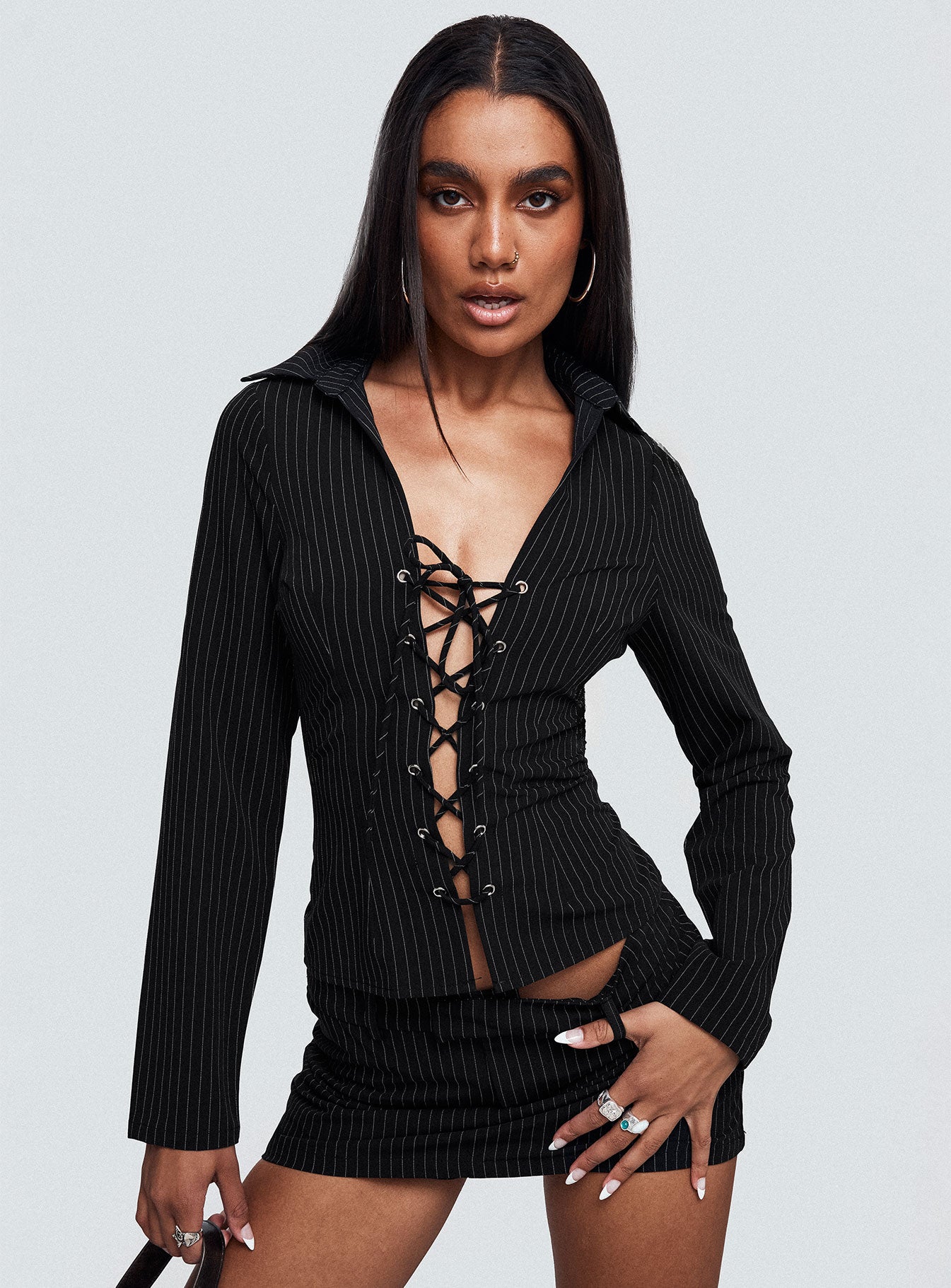 Feminique Tie Up Long Sleeve Top Black Stripe With Mastercard Cheap Online