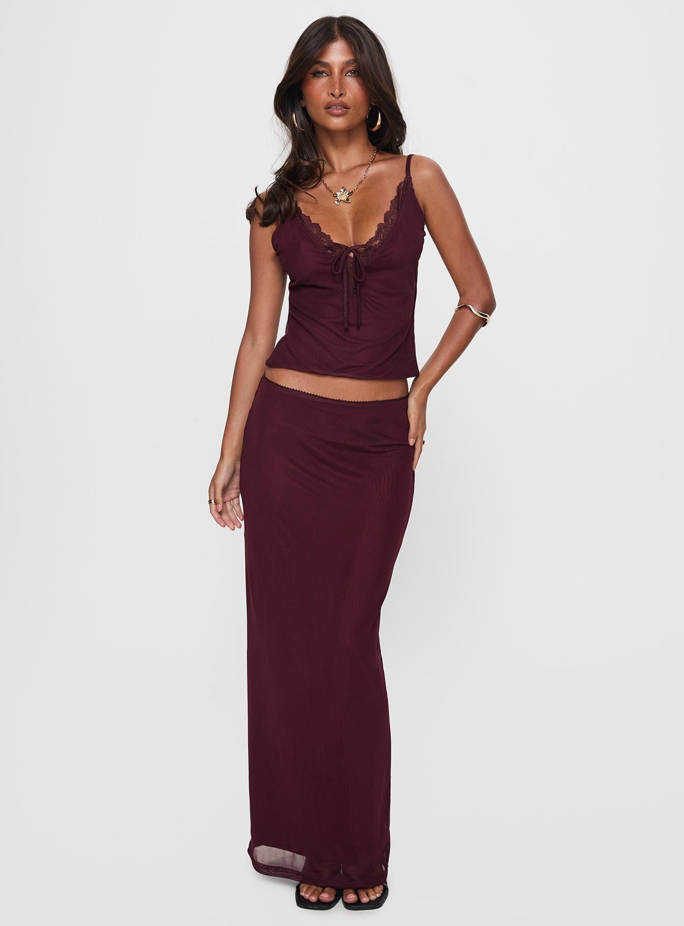 Reiko Lace Trim Tie Front Maxi Set Burgundy Online Online With Mastercard