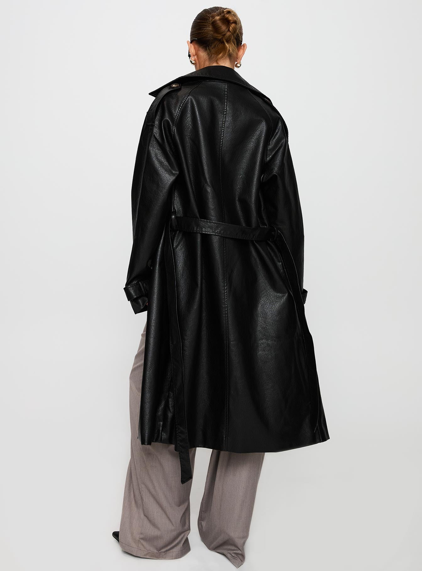 Think Later Faux Leather Trench Coat Black Free Shipping