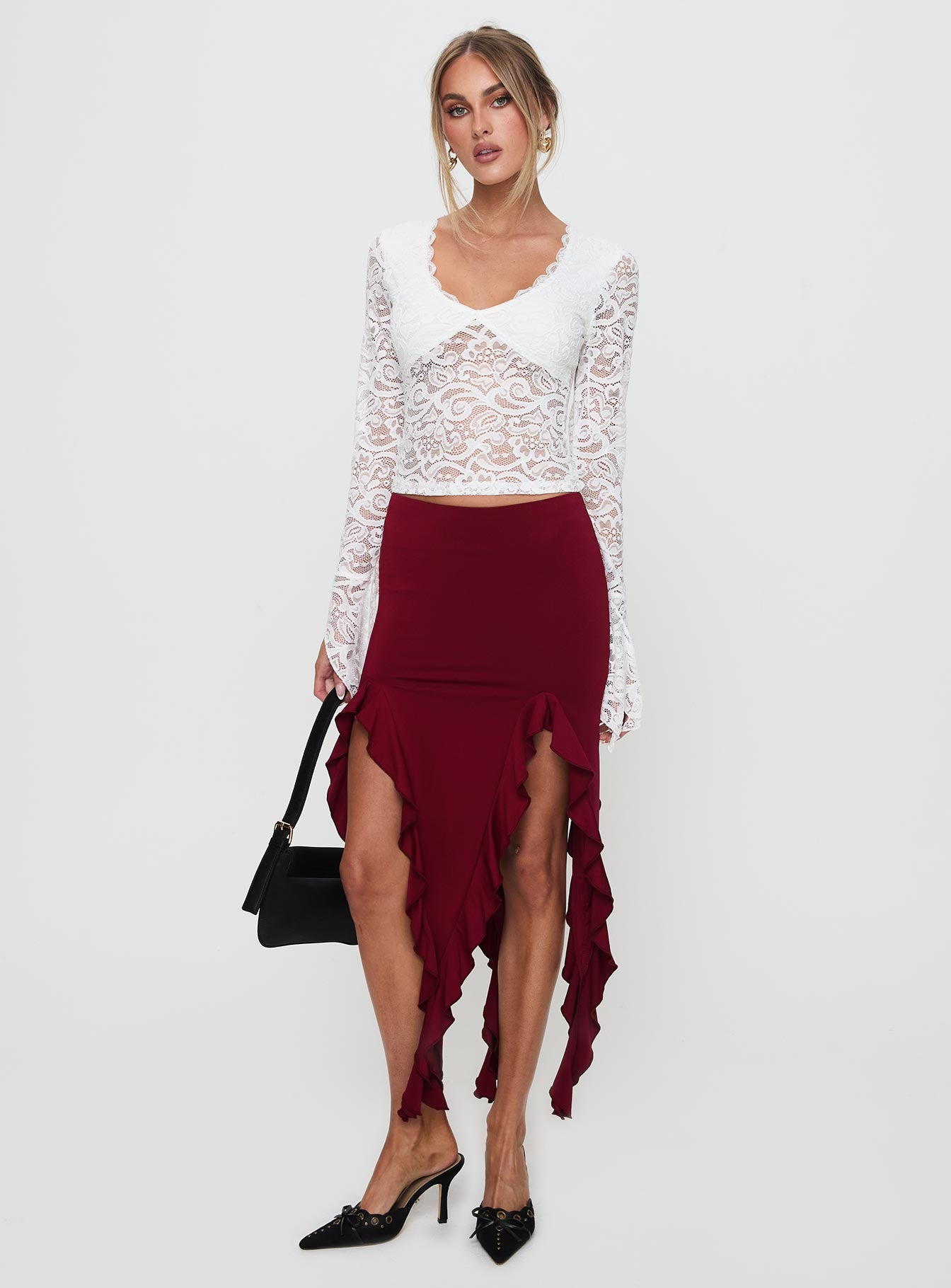 Peachey Asymmetric Ruffle Midi Skirt Burgundy Discount Get To Buy