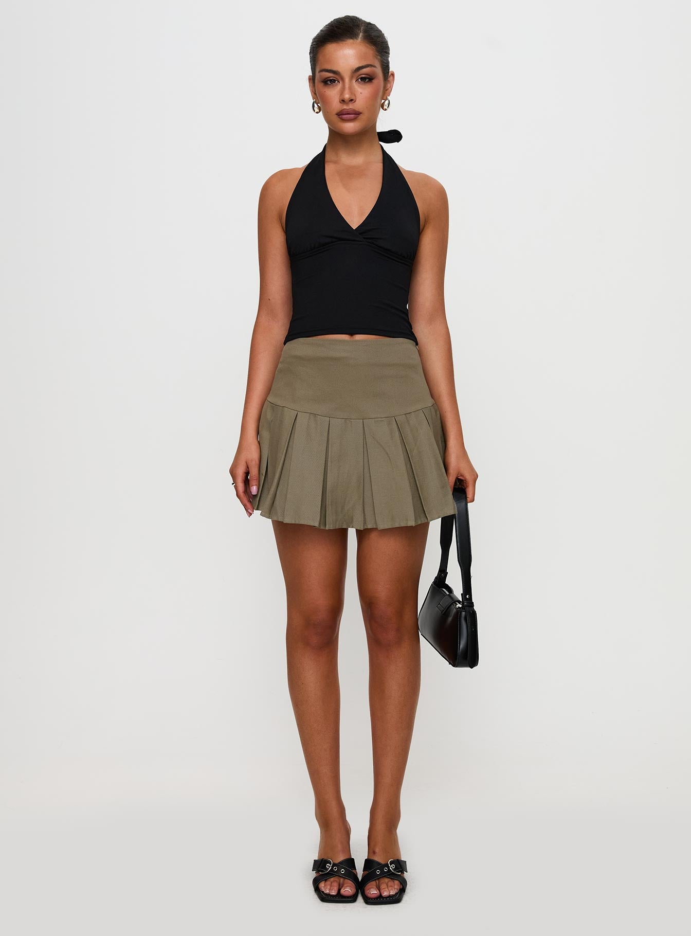 Feodora Pleat Mini Skirt Khaki Fashion Style Online