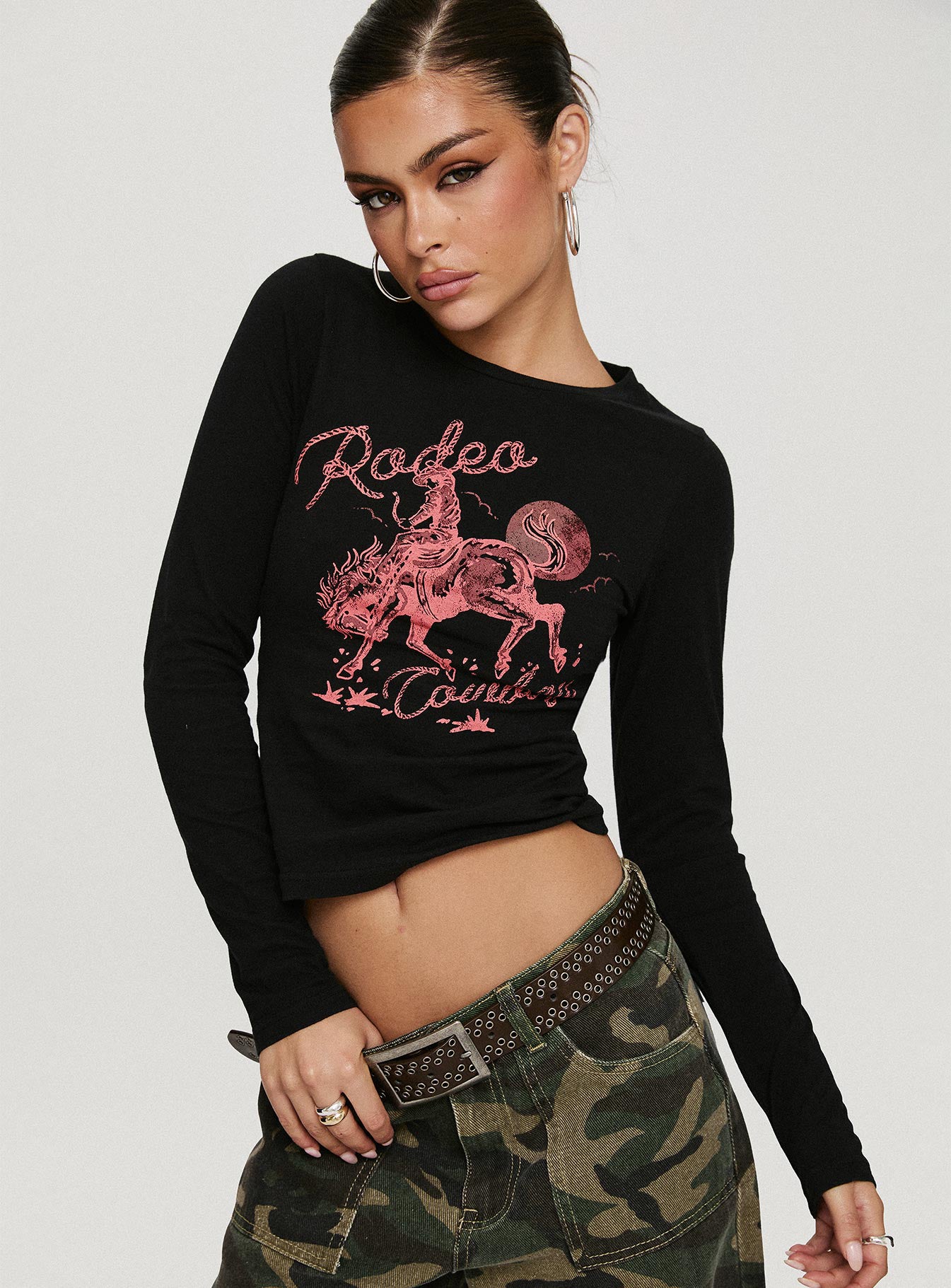 Rodeo Cowboy Long Sleeve Top Washed Wine Clearance Factory Outlet