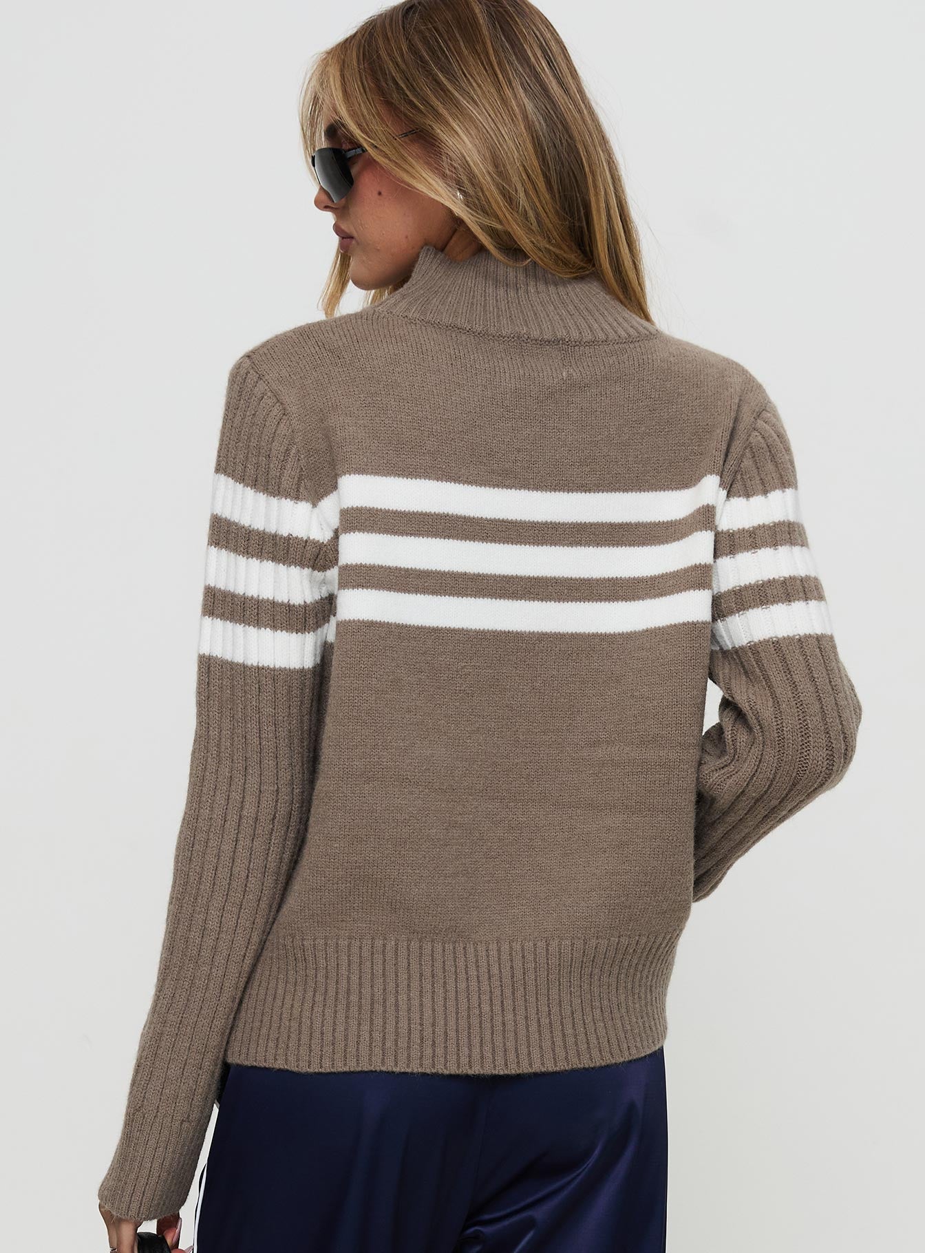 Bessemer Funnel Neck Knit Sweater Mocha Stripe Pay With Paypal For Sale