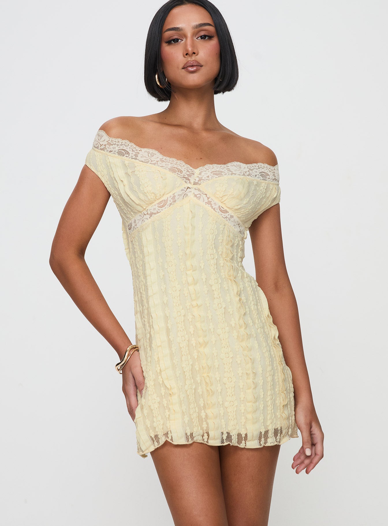 Bonnin Off The Shoulder Lace Mini Dress Yellow 2025 New Sale Online