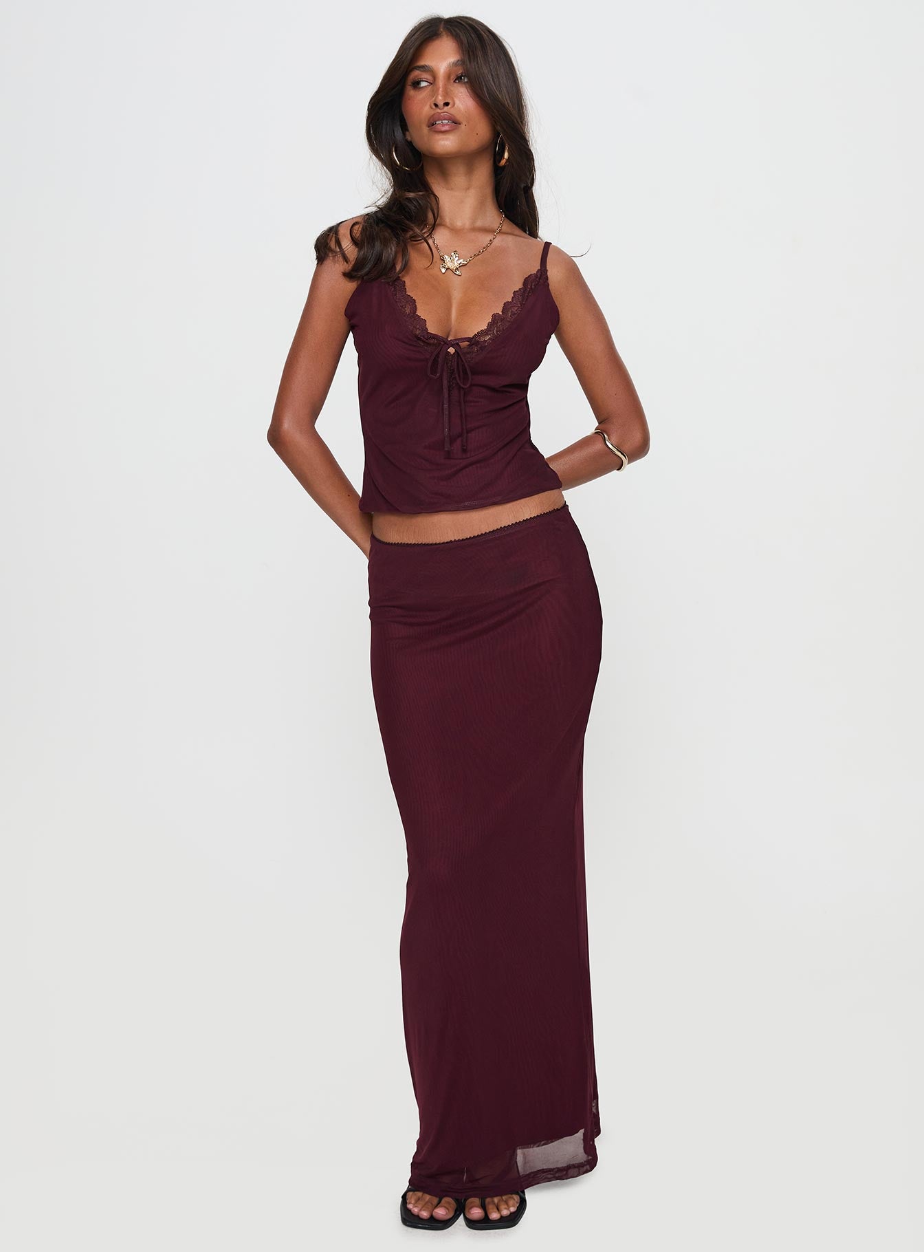 Reiko Lace Trim Tie Front Maxi Set Burgundy Online Online With Mastercard