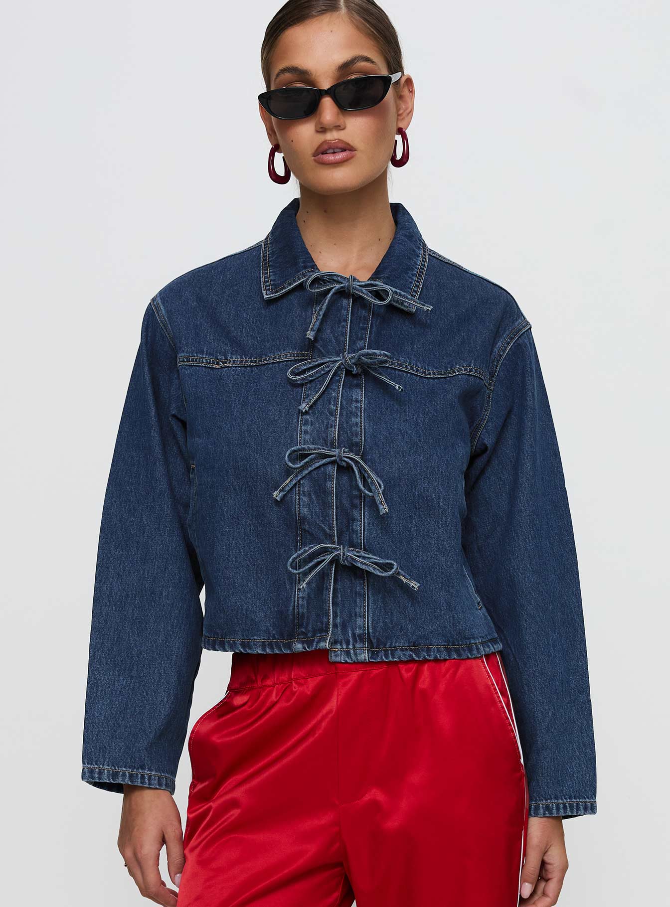 Good On You Bow Detail Jacket Blue Denim Outlet Pay With Paypal