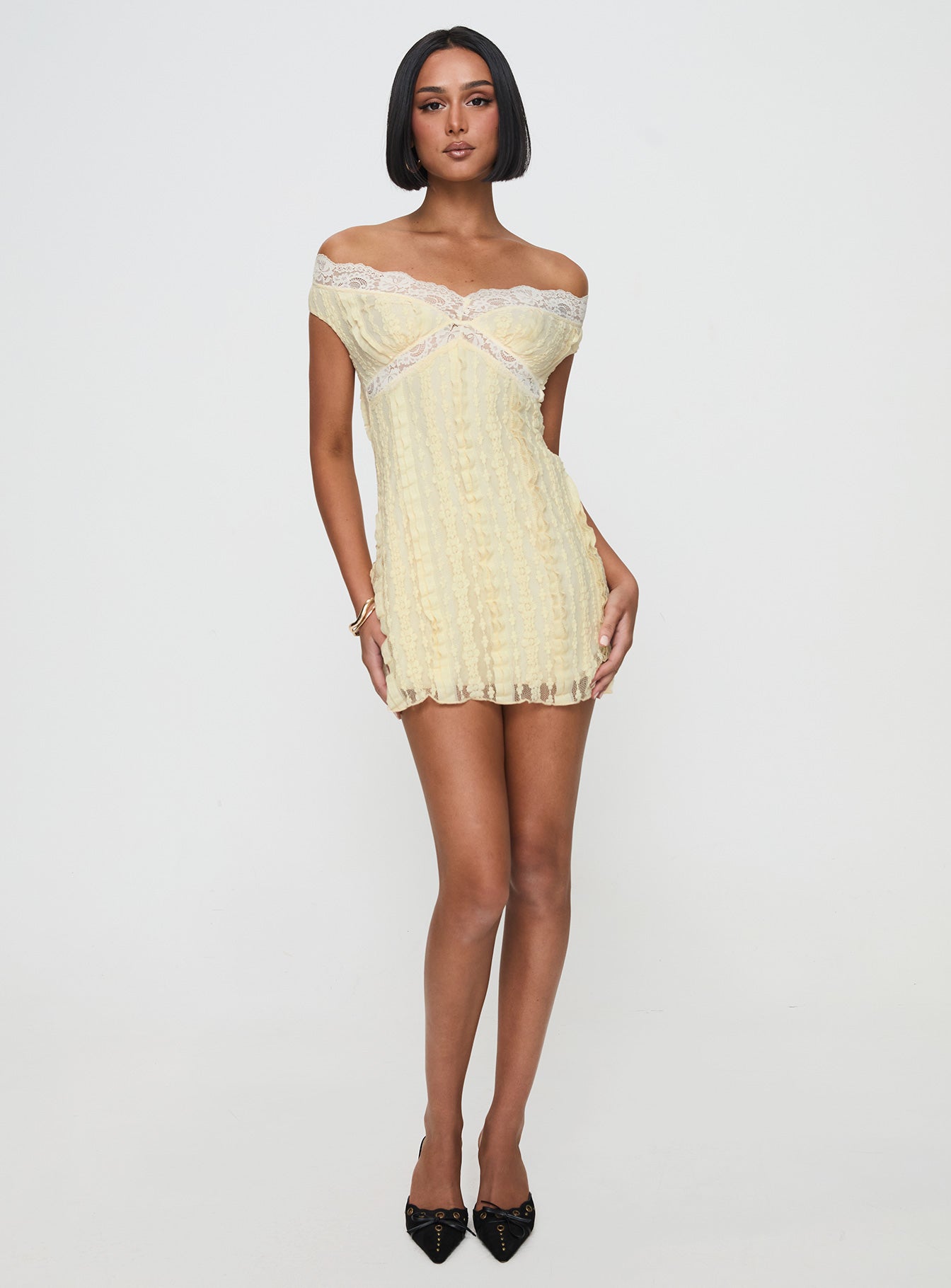 Bonnin Off The Shoulder Lace Mini Dress Yellow 2025 New Sale Online