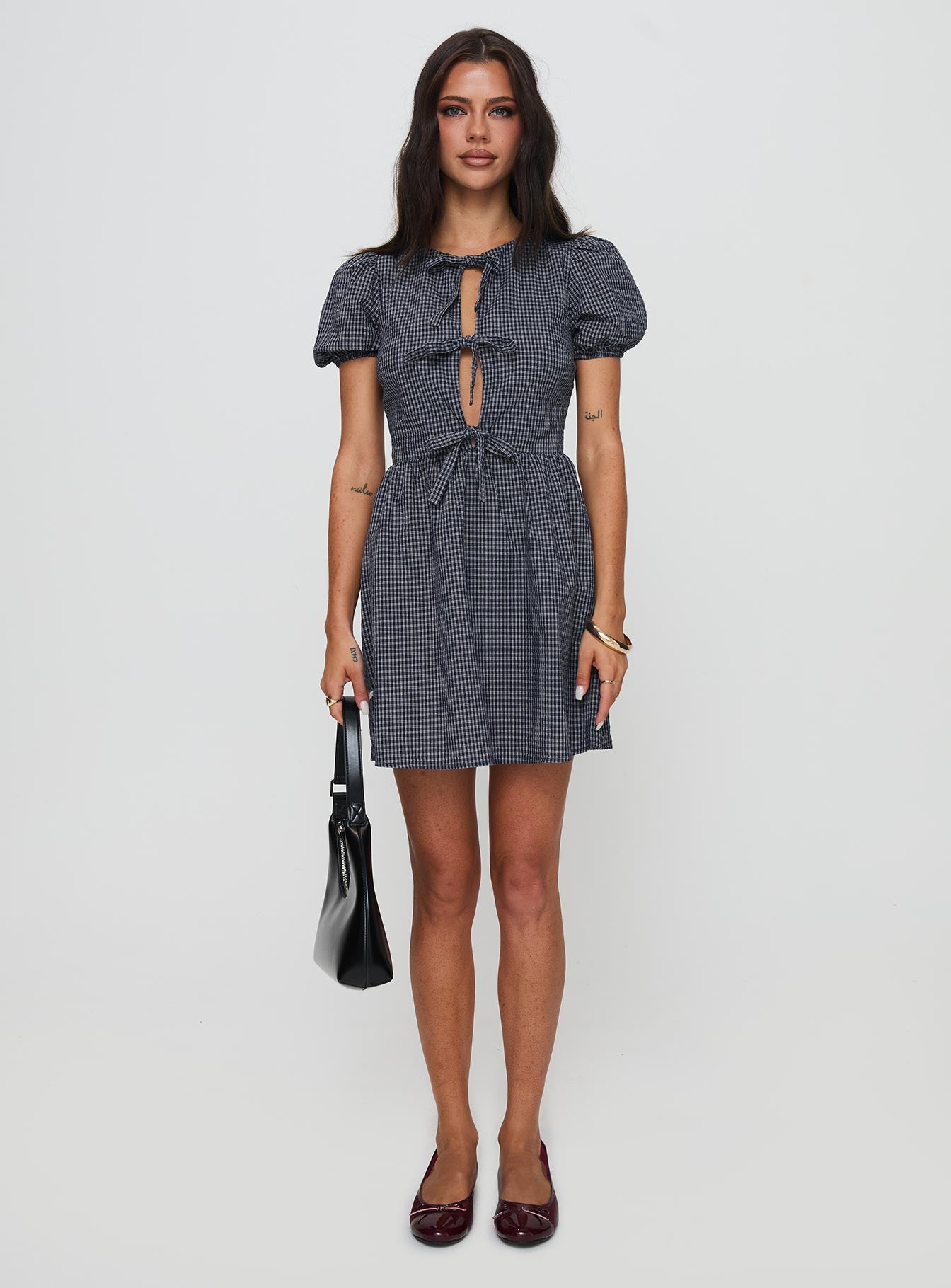 Nurture Bow Mini Dress Navy Check Cheap Best Sale