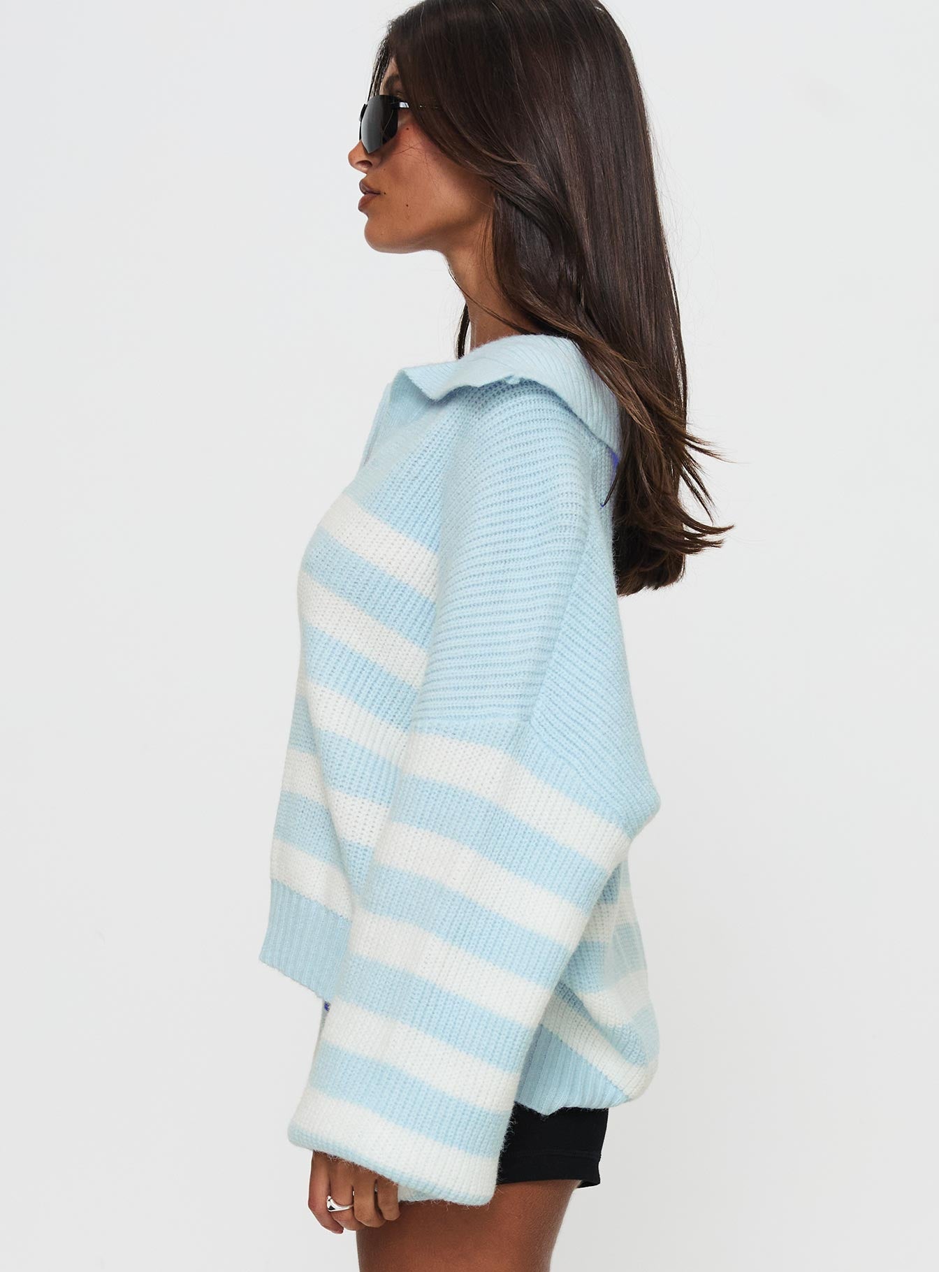 Carolena Long Sleeve Collared Knit Sweater Blue / White Stripe 2025 Newest Sale Online