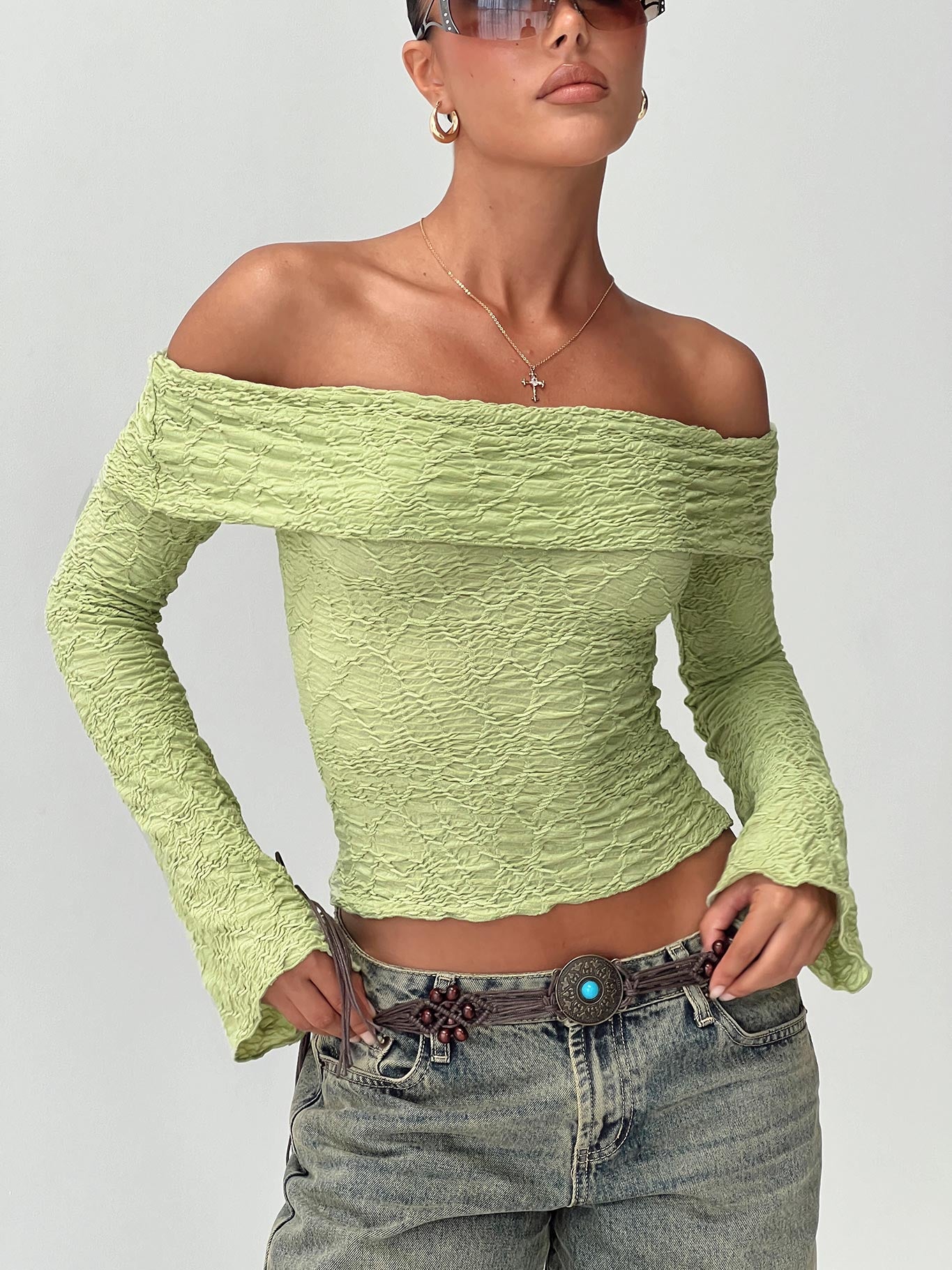 Back With Love Off Shoulder Long Sleeve Top Green Free Shipping Looking For