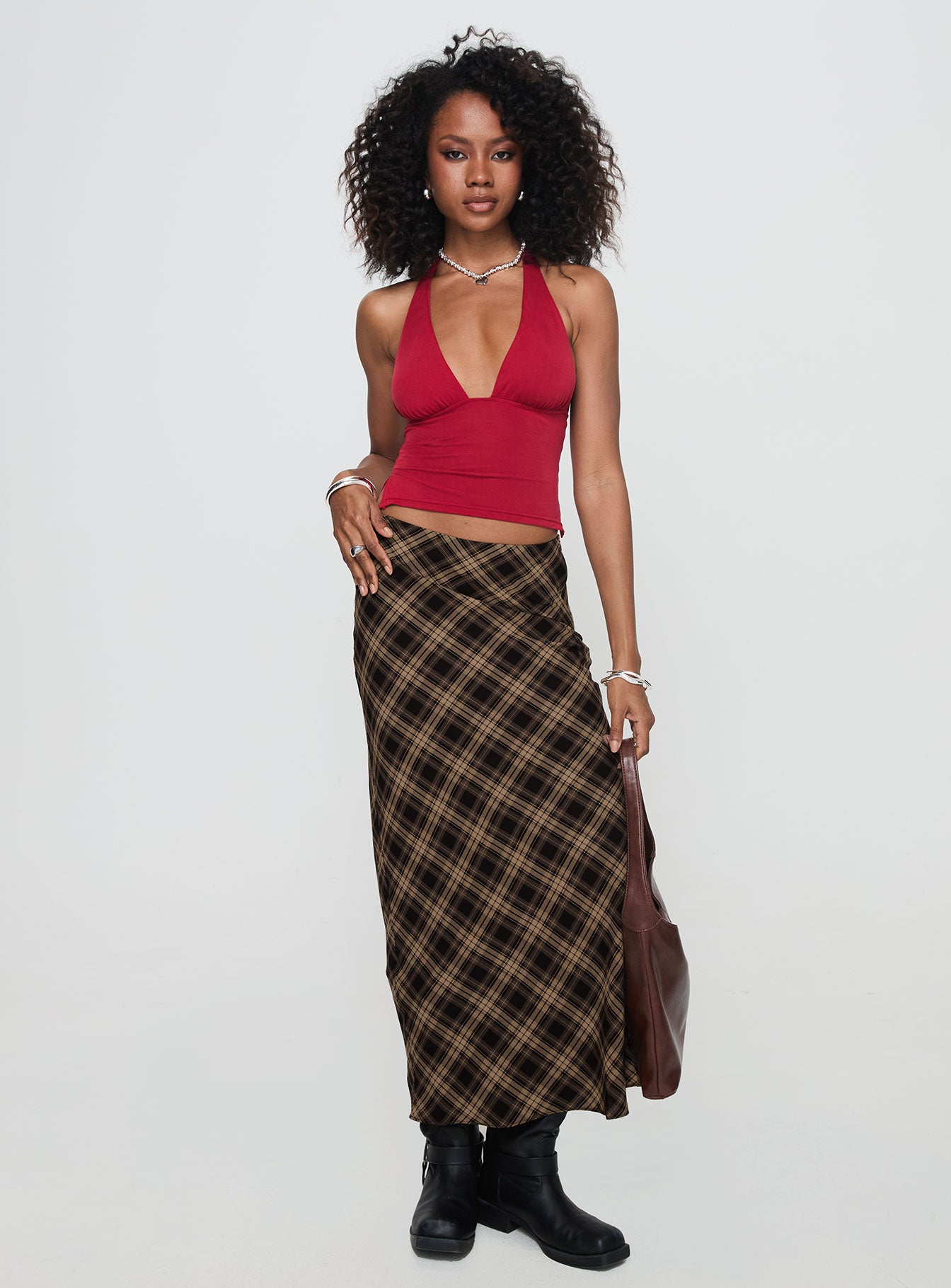 Hayze Maxi Skirt Brown Check Cheap Visit