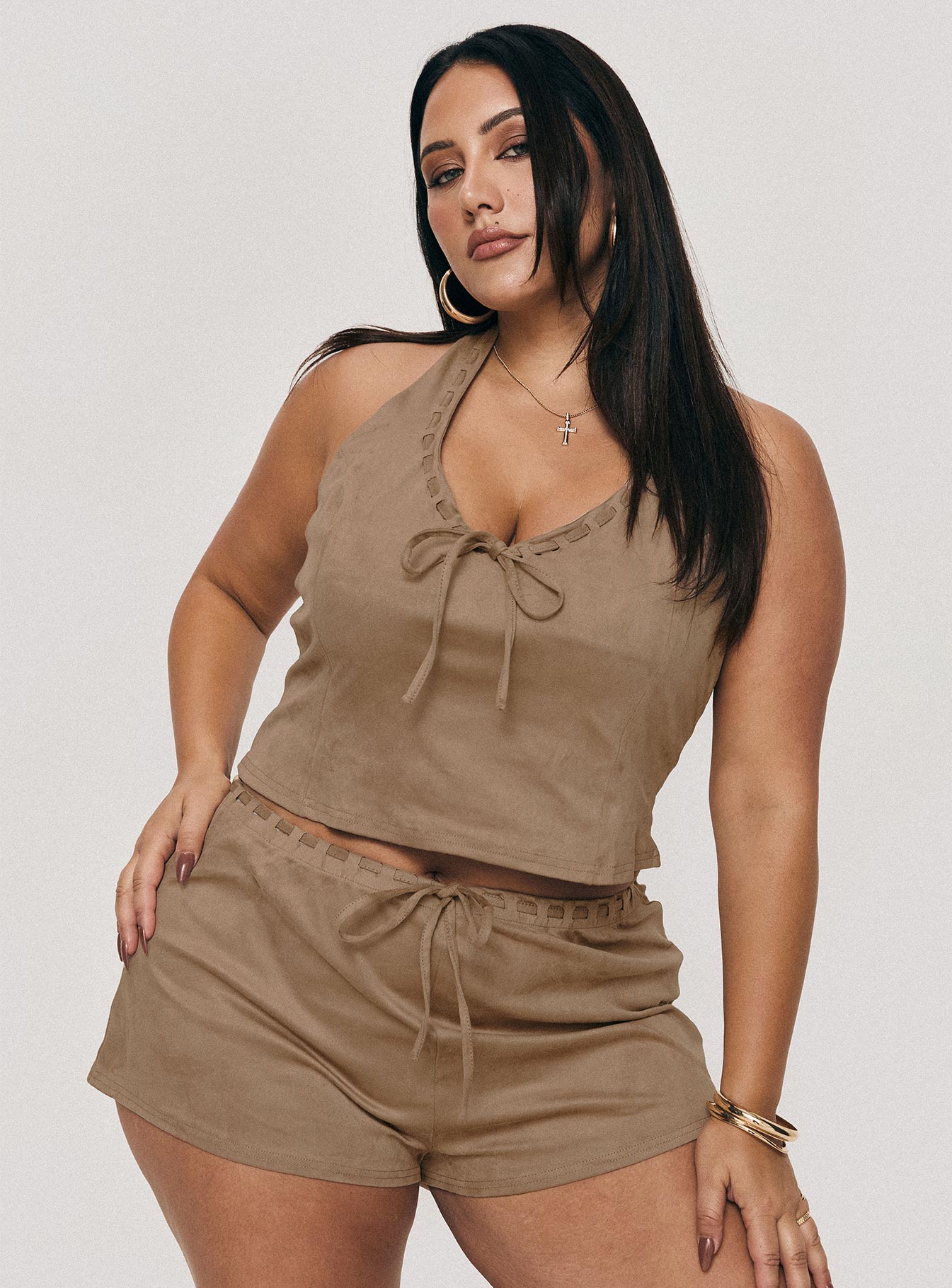 Eternal Youth Faux Suede Top Taupe Curve Enjoy Cheap Online