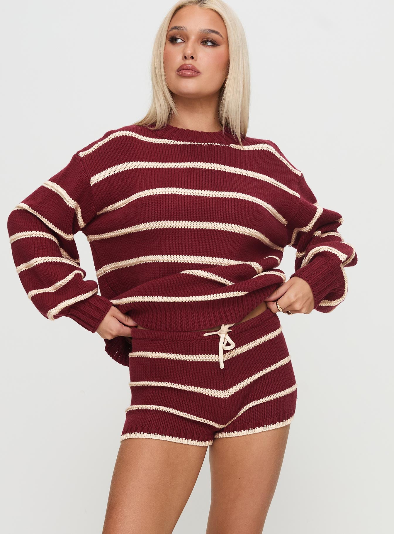 Read Your Mind Knit Short Maroon Stripe Sale Low Pice