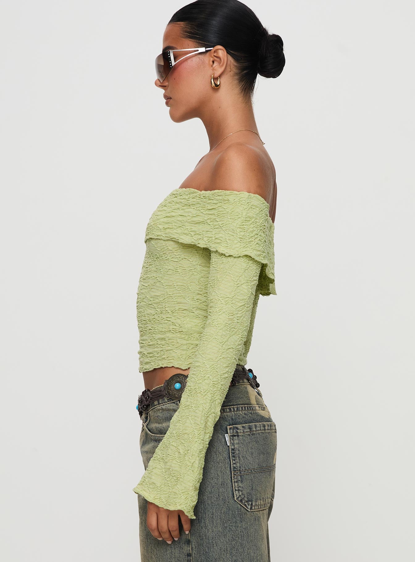 Back With Love Off Shoulder Long Sleeve Top Green Free Shipping Looking For