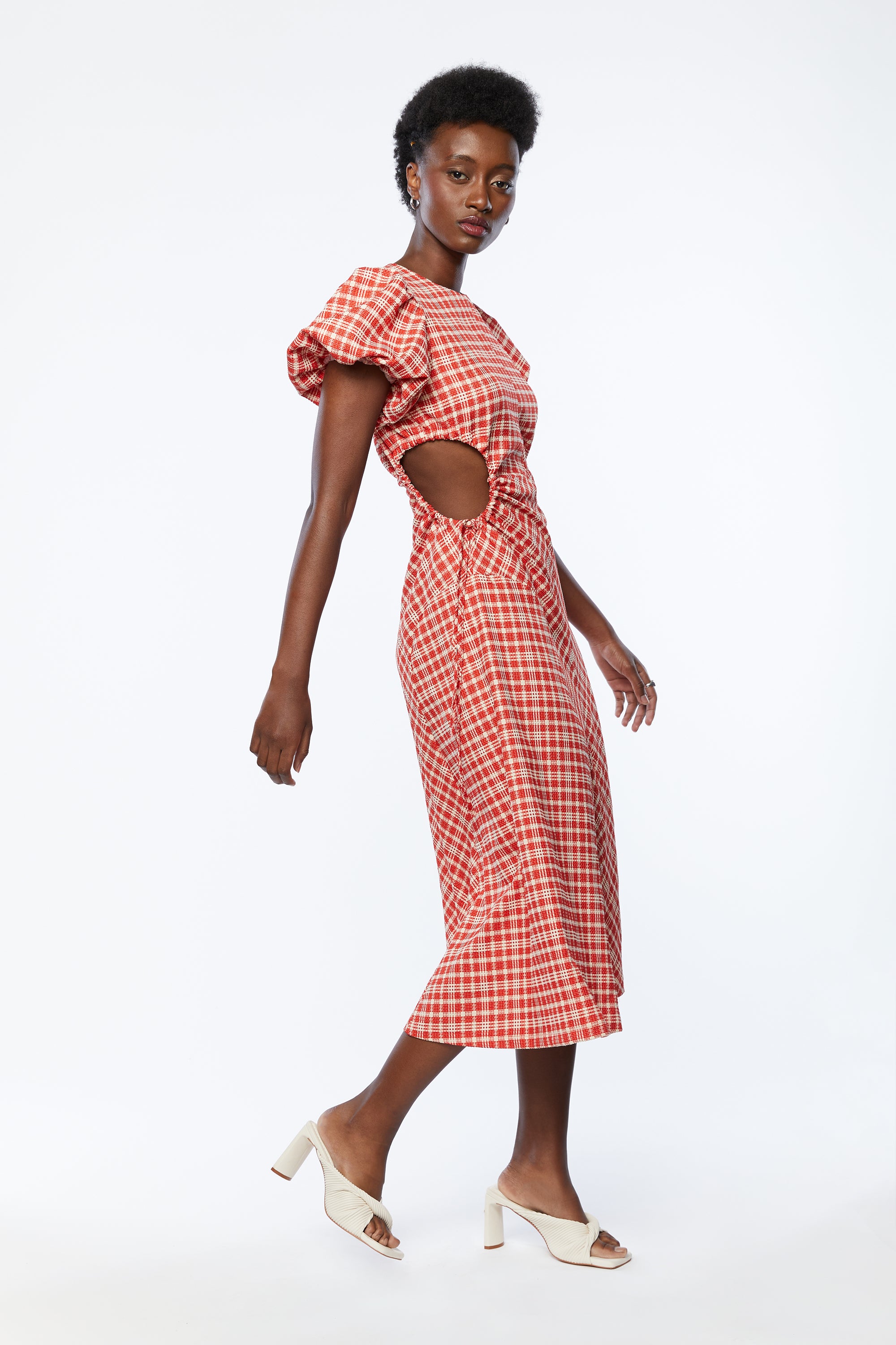 PLAID PUFF SLEEVE DRESS WITH CUTOUTS Sale Geniue Stockist