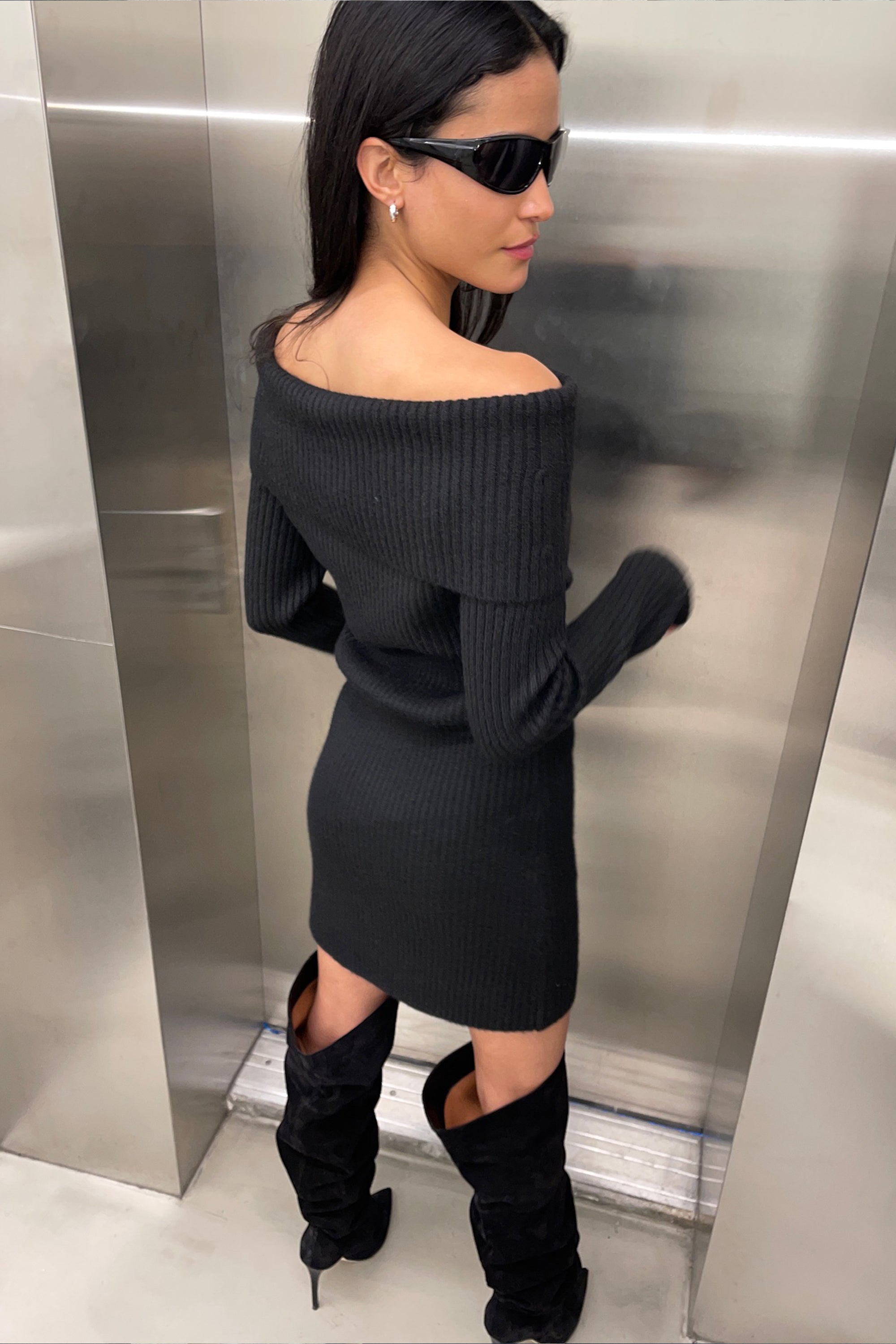 OFF SHOULDER RIB-KNIT MINI DRESS Discount Get To Buy