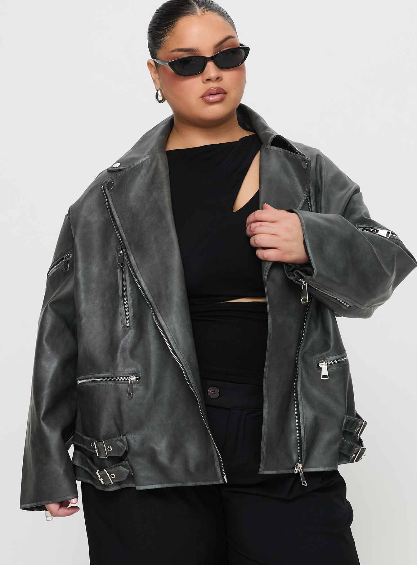 Magnets Faux Leather Jacket Washed Charcoal Curve Pay With Paypal