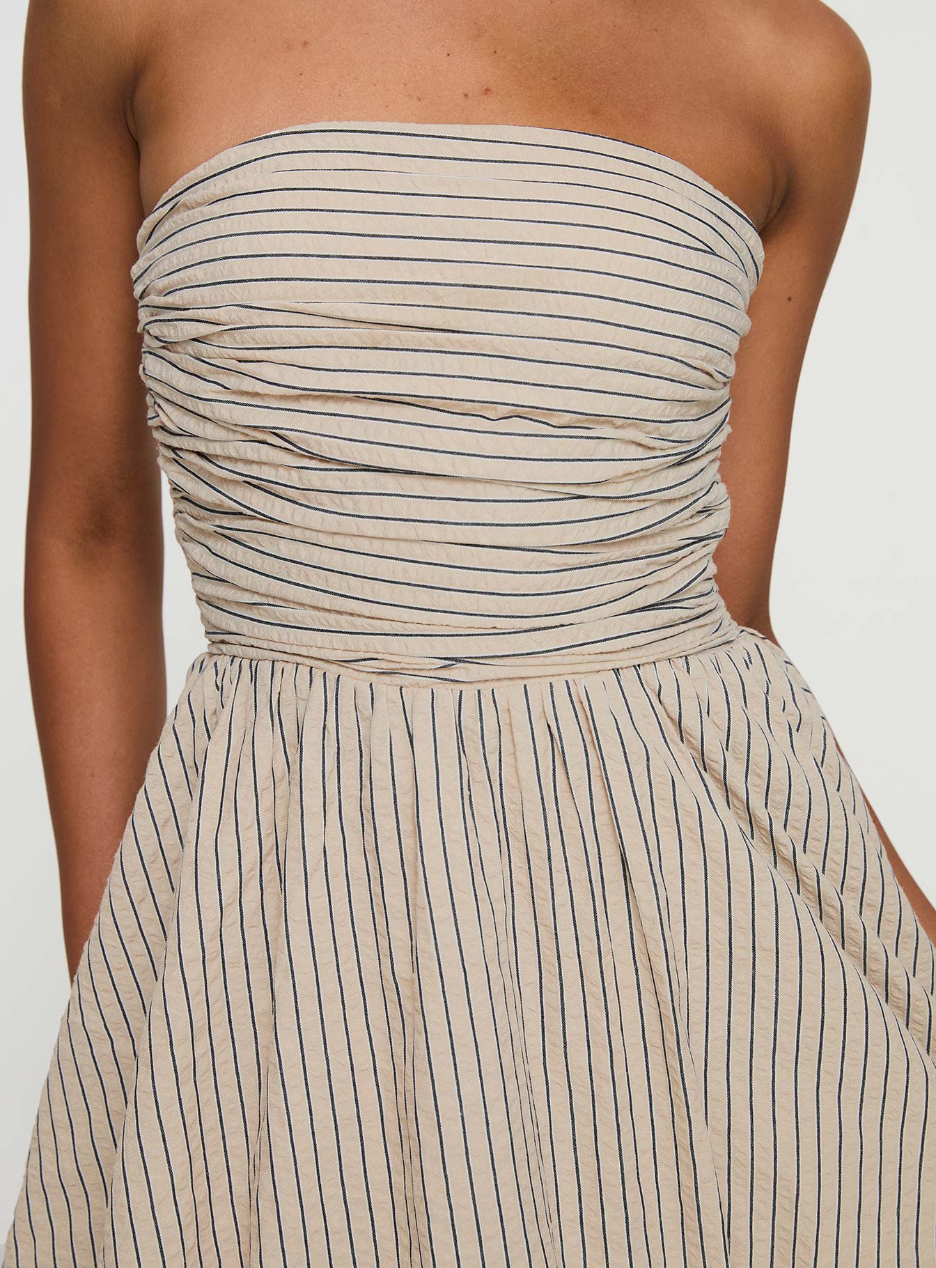 Quinette Strapless Bubble Hem Mini Dress Beige Stripe Deals Cheap Online