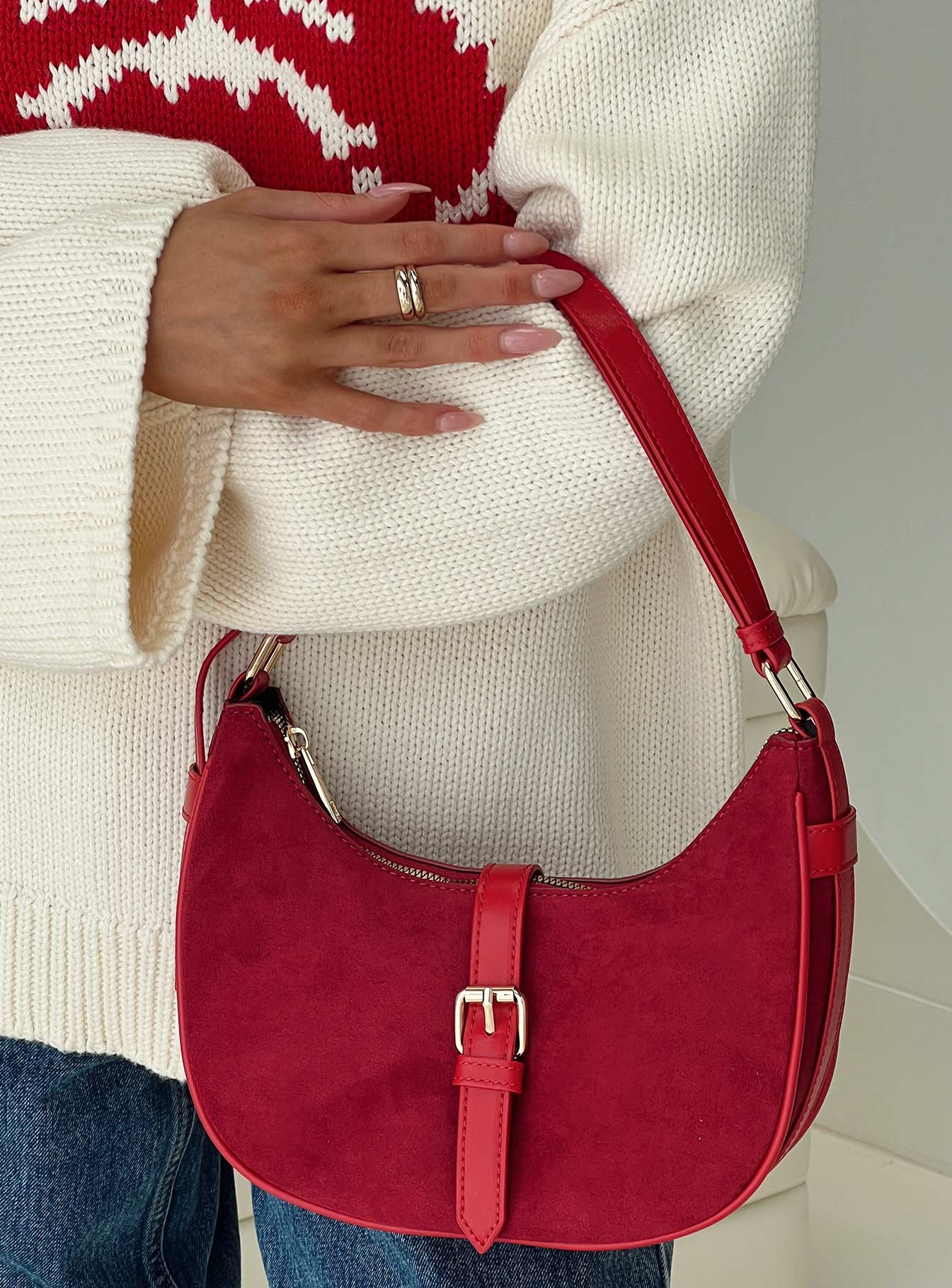 Jaxton Buckle Faux Suede Shoulder Bag Red Free Shipping Manchester