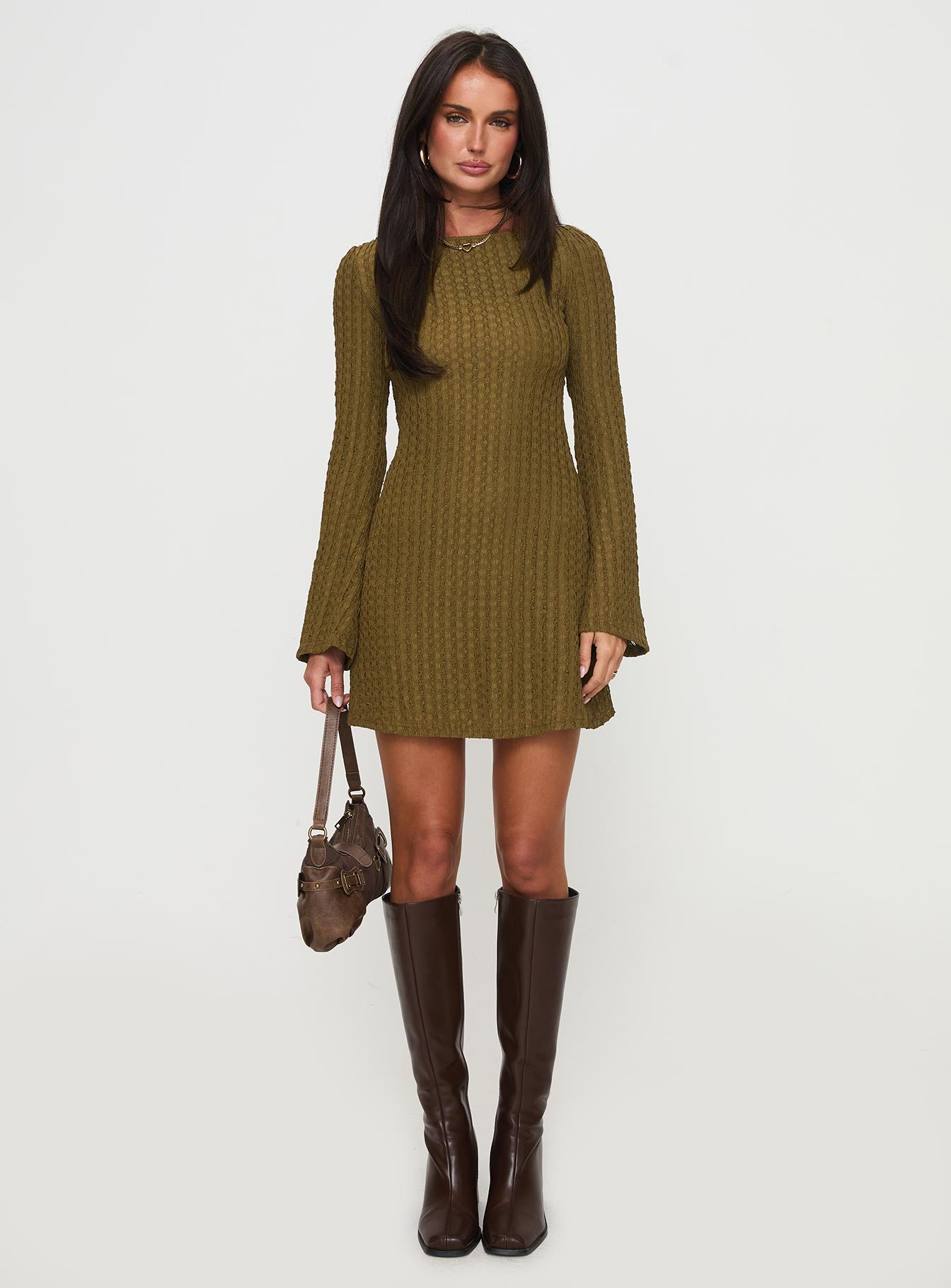 Lukea Long Sleeve Mini Dress Olive Ribbed Cheap Sale Newest