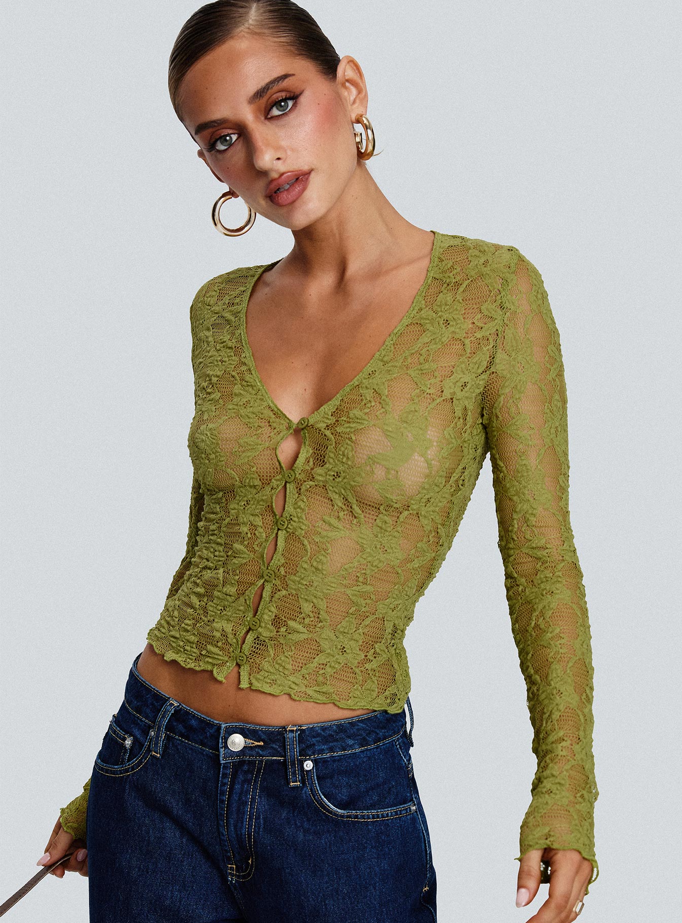 Prized Possessions Sheer Button Up Top Green Cheap Sale 2025 Newest