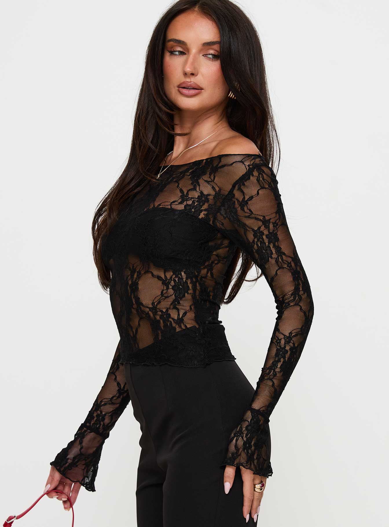 Junah Sheer Lace Long Sleeve Top Black View Cheap Online