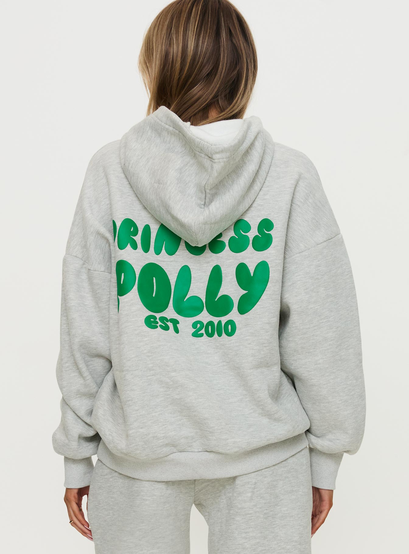 Princess Polly Hooded Sweatshirt Bubble Text Grey Marle / Green Clearance Low Pice Fee Shipping