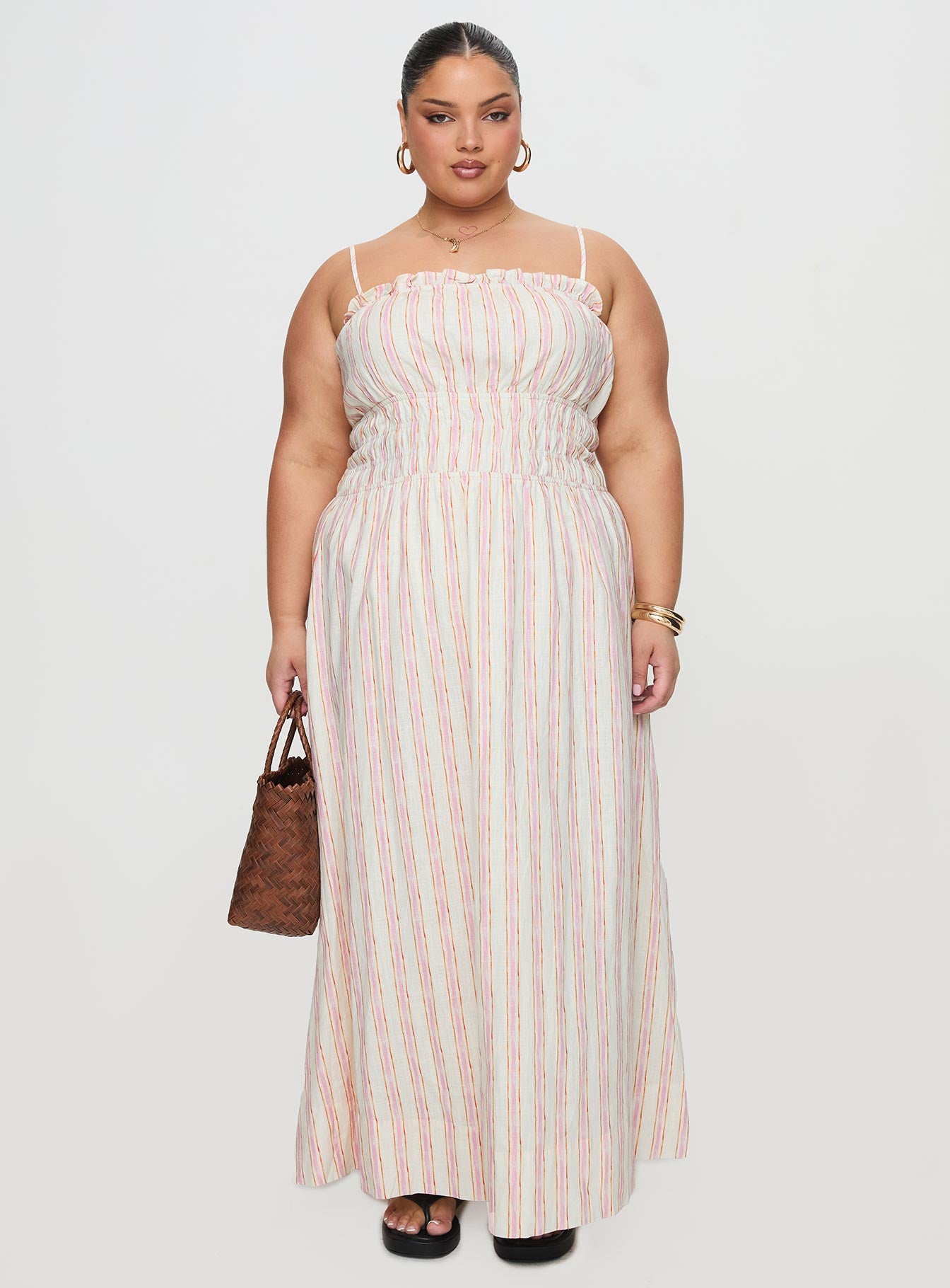 Persephone Shirring Linen Maxi Dress Pink Stripe Curve Discount Best Seller