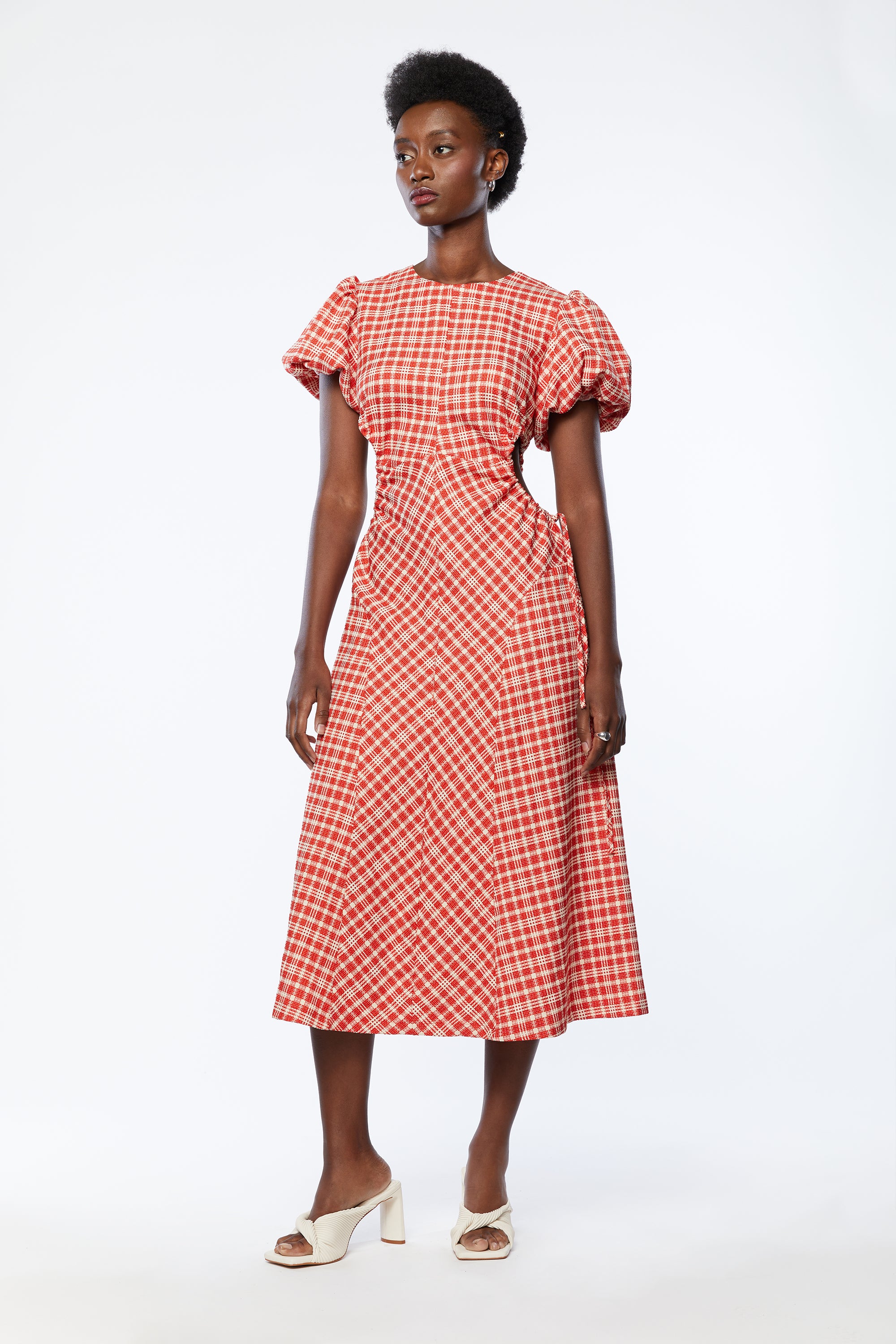 PLAID PUFF SLEEVE DRESS WITH CUTOUTS Sale Geniue Stockist