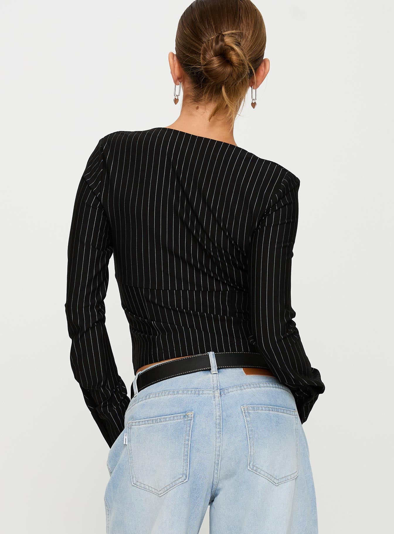 Set For Life Foldover Detail Long Sleeve Top Black / White Pinstripe Cheap Wiki