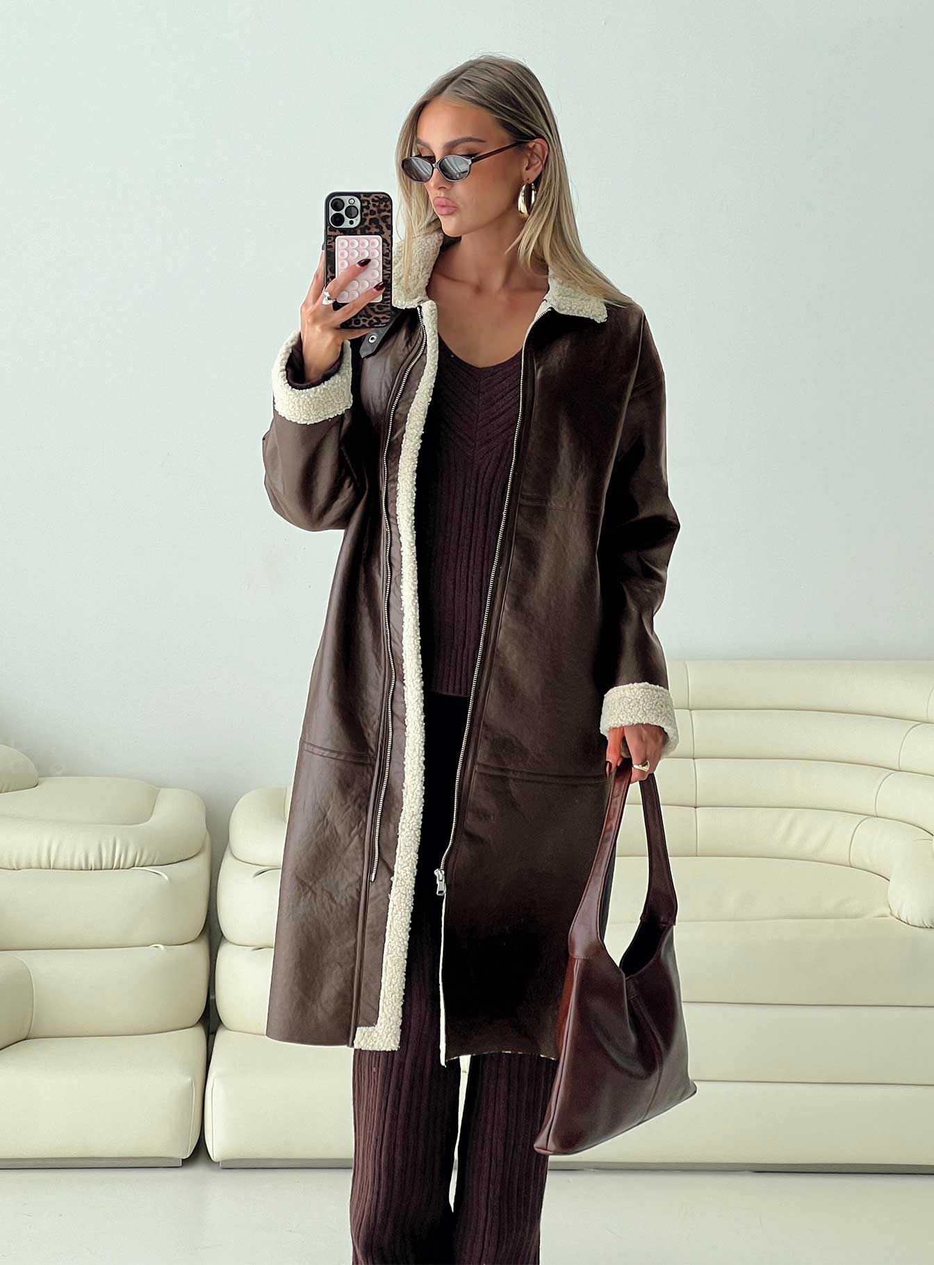 Ammelia Shearling Long-line Jacket Brown Popular Sale Online