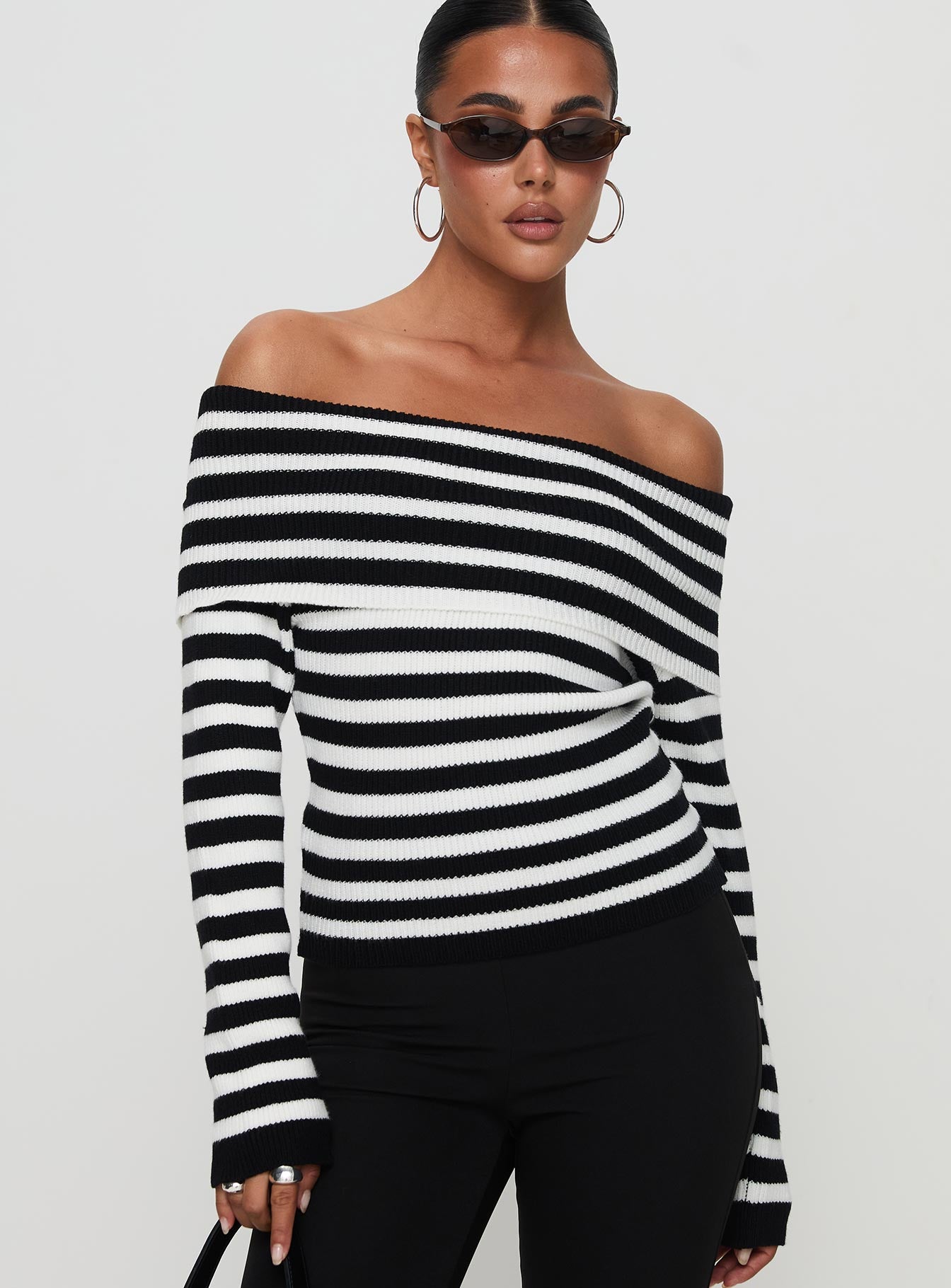 Danyel Off The Shoulder Sweater Black / White Stripe Sale Big Discount