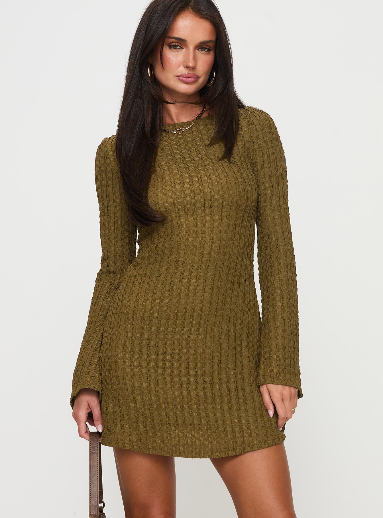 Lukea Long Sleeve Mini Dress Olive Ribbed Cheap Sale Newest