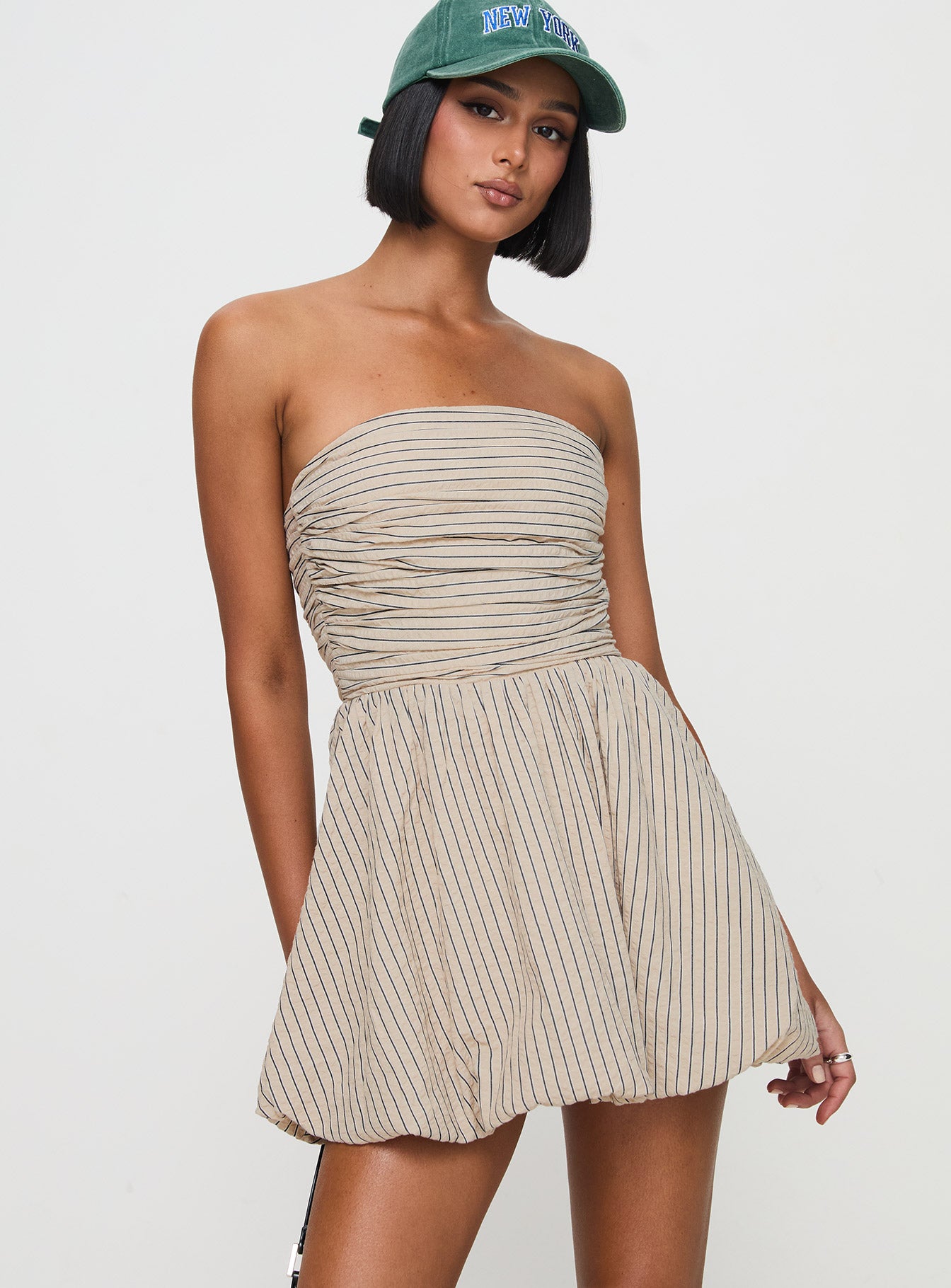 Quinette Strapless Bubble Hem Mini Dress Beige Stripe Deals Cheap Online