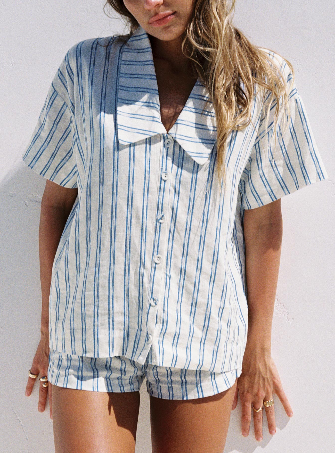 Goody Linen Button Front Top Blue Stripe View Cheap Online