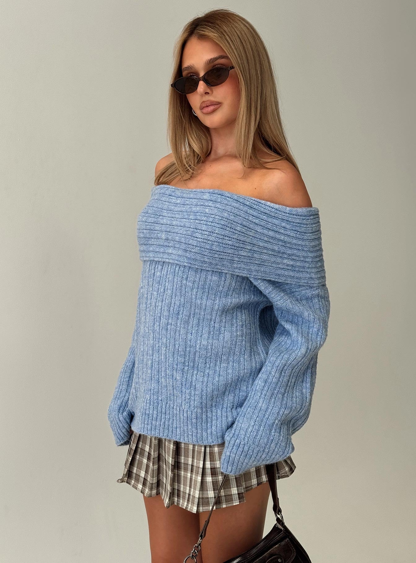 Snowie Off Shoulder Knit Sweater Blue Genuine For Sale