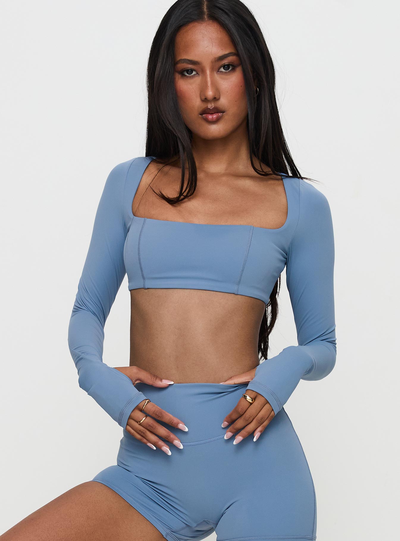 Set Point Active Square Neck Long Sleeve Top Blue Cheap Sale Best Wholesale